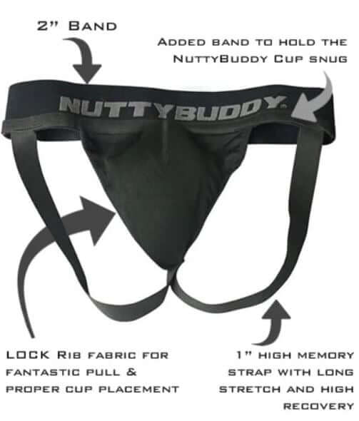 NuttyBuddy Black Jock for youth with 2-inch band and LOCK Rib fabric for secure cup placement and comfort.