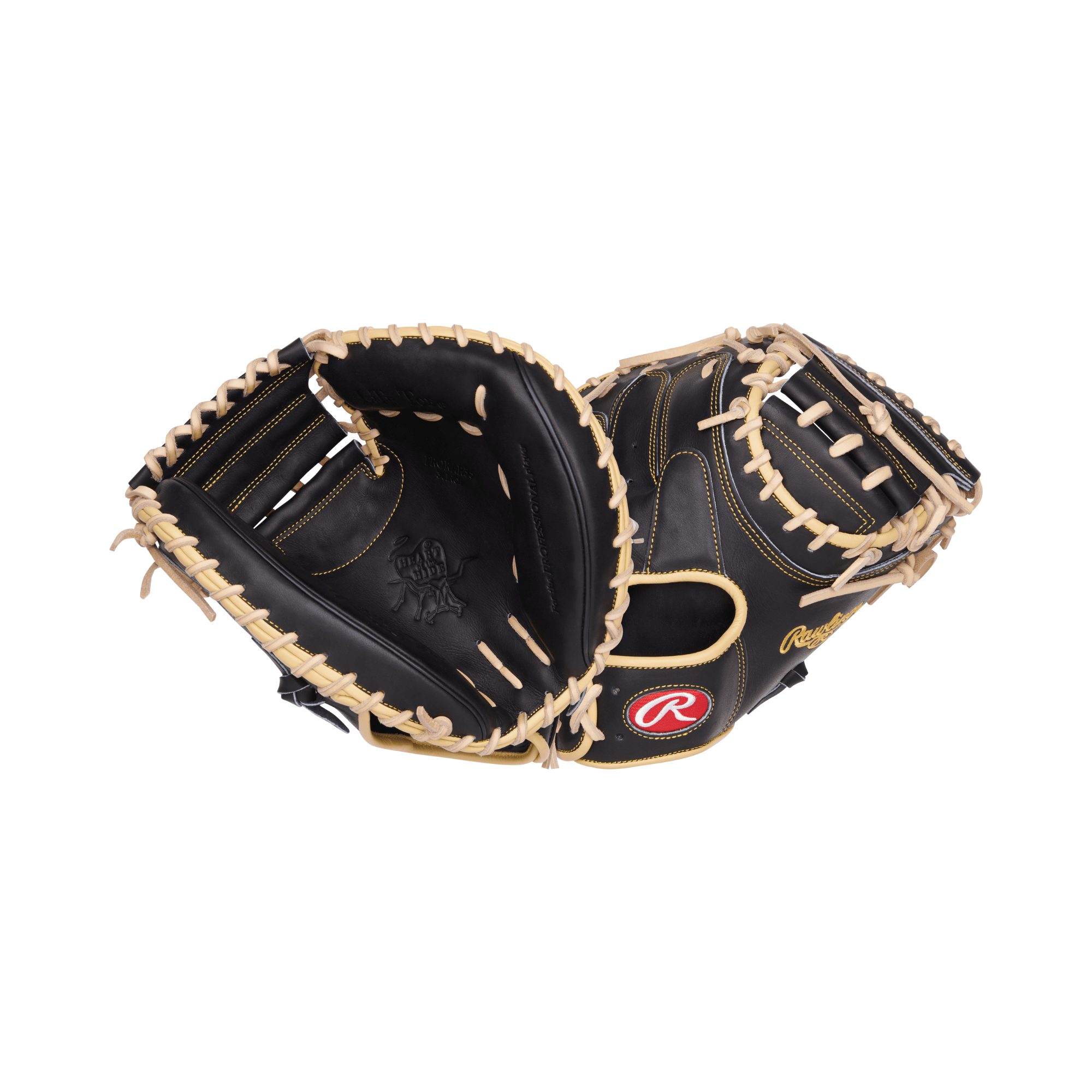 Rawlings Heart of the Hide A. Rutschman Catcher's Mitt 34" in black with tan lacing, showcasing durability and performance.