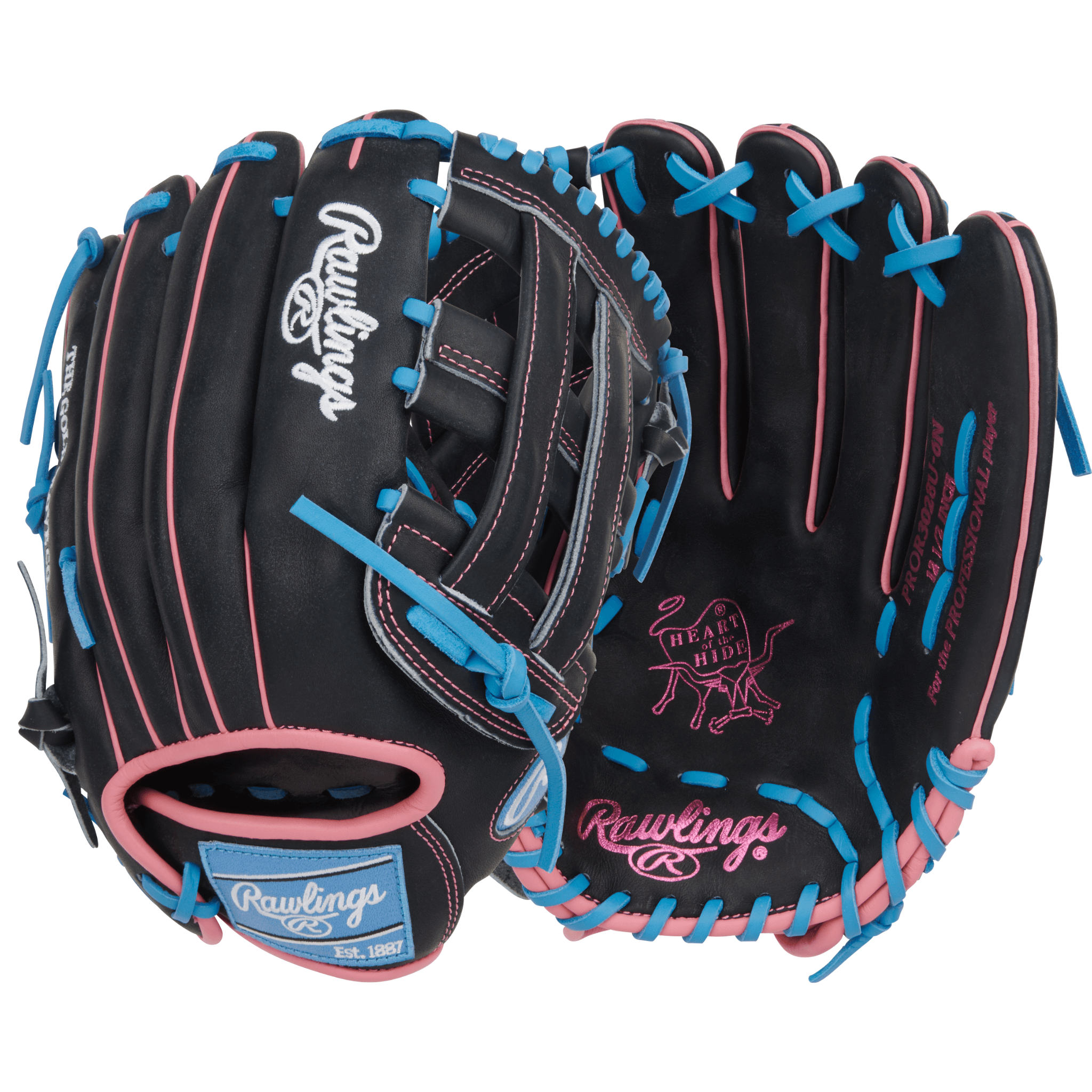 Rawlings Heart Of The Hide Series Contour Fit glove, 12.5-inch, black with Columbia blue and pink accents, palm and backhand view