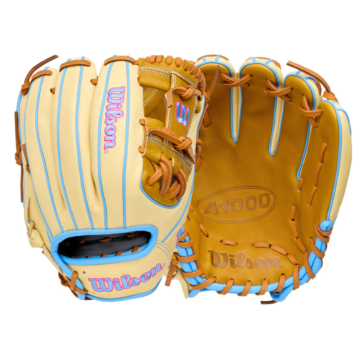 Wilson 2027 A1000 1786 11.5" infield baseball glove with Saddle Tan, Blonde, and Cool Blue colors for right-hand throw players.