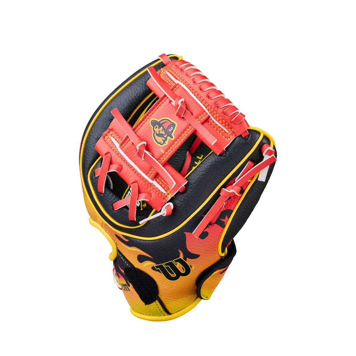 Wilson 2026 A200 Firefighters Baseball Glove 10" Red/Black, backhand view, red lacing, yellow and black detailing, flame design on wrist.