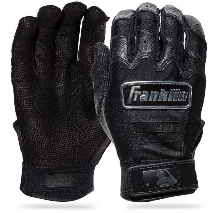 Franklin CFX Pro Chrome Series batting gloves in black, featuring Pittards leather and flexible design for superior grip.