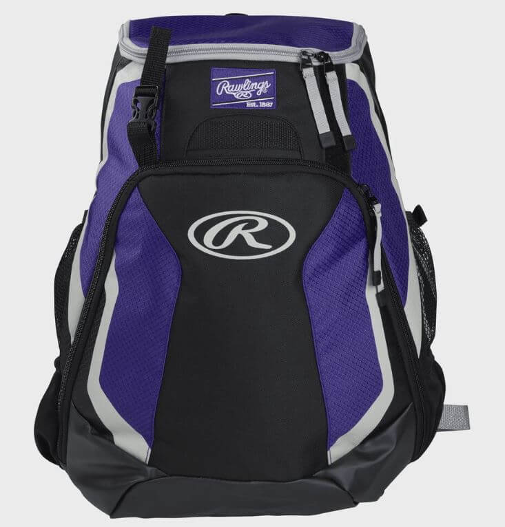 Front view of purple and black Rawlings Players Backpack with logo and zippered compartments.