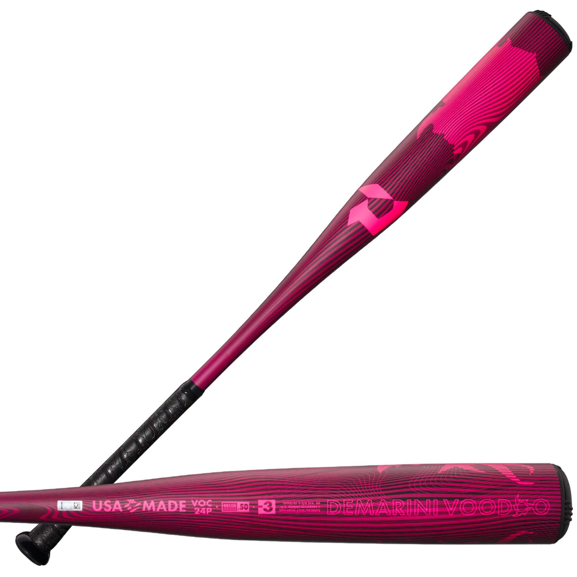 DeMarini 2024 Voodoo One (-3) BBCOR Baseball Bat in Neon Pink with X14 Alloy Barrel for improved bat speed.