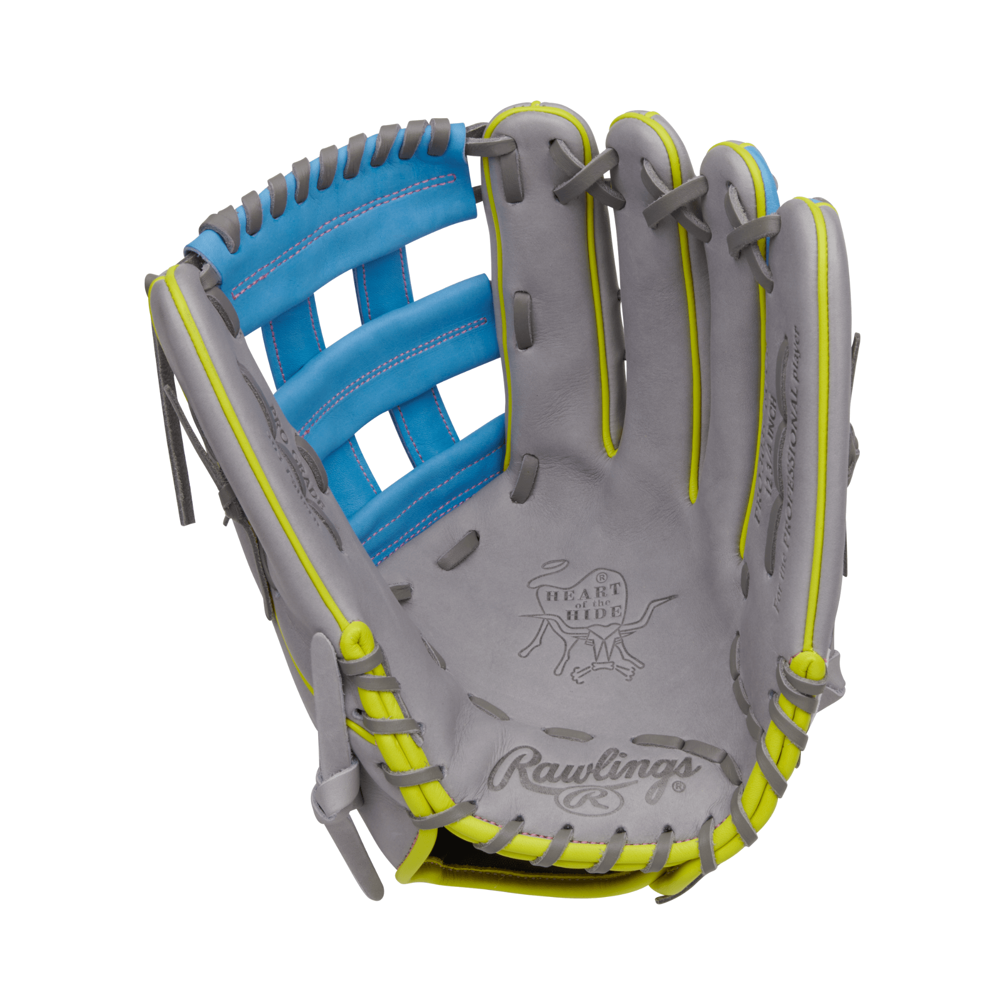 Rawlings Gold Glove Club RGGC outfield glove 12.75", Columbia blue and optic yellow accents, Heart of the Hide leather.