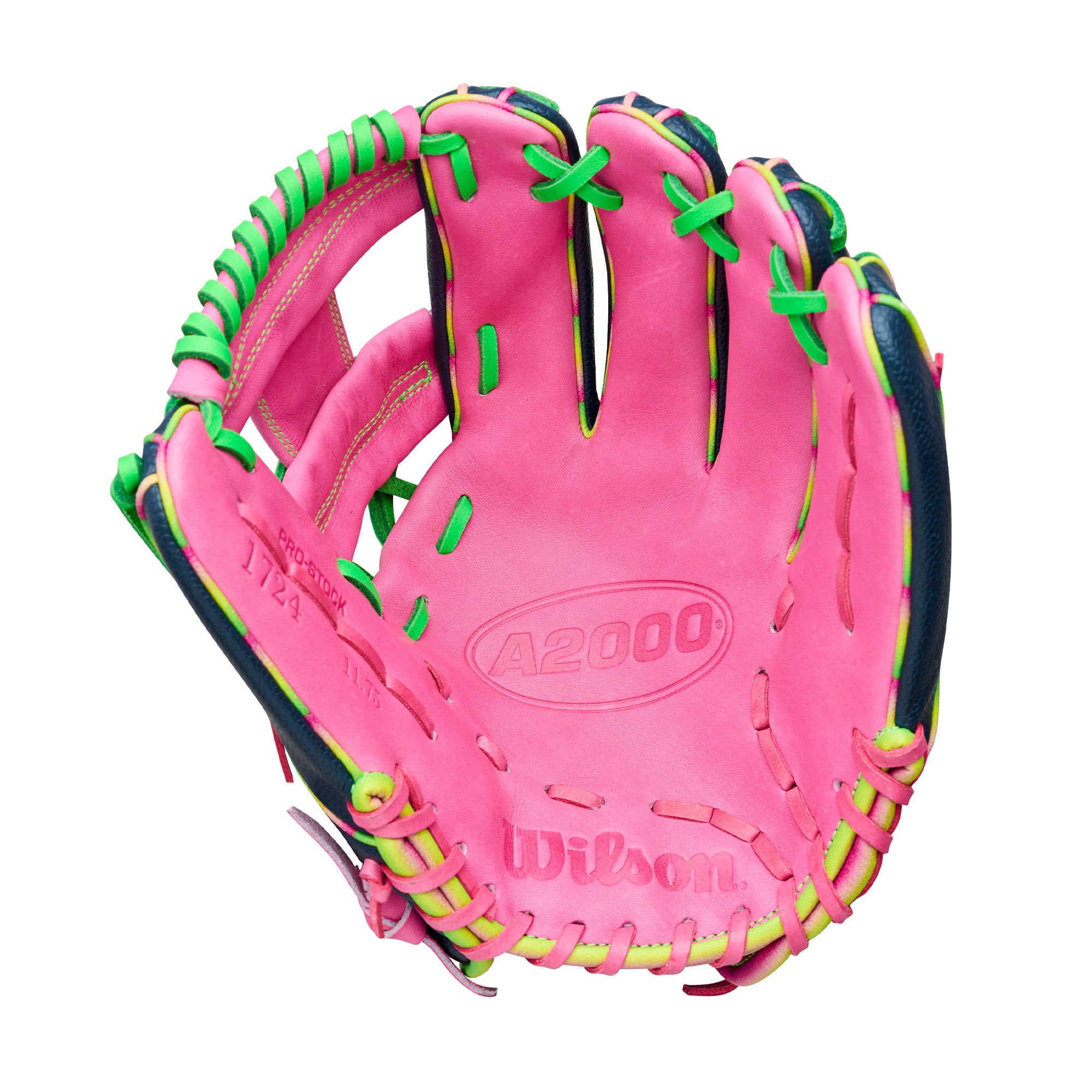 Wilson A2000 1724 Baseball Glove, June 2026 GOTM, pink palm, navy leather and neon green lacing for infielders, 11.75 inches