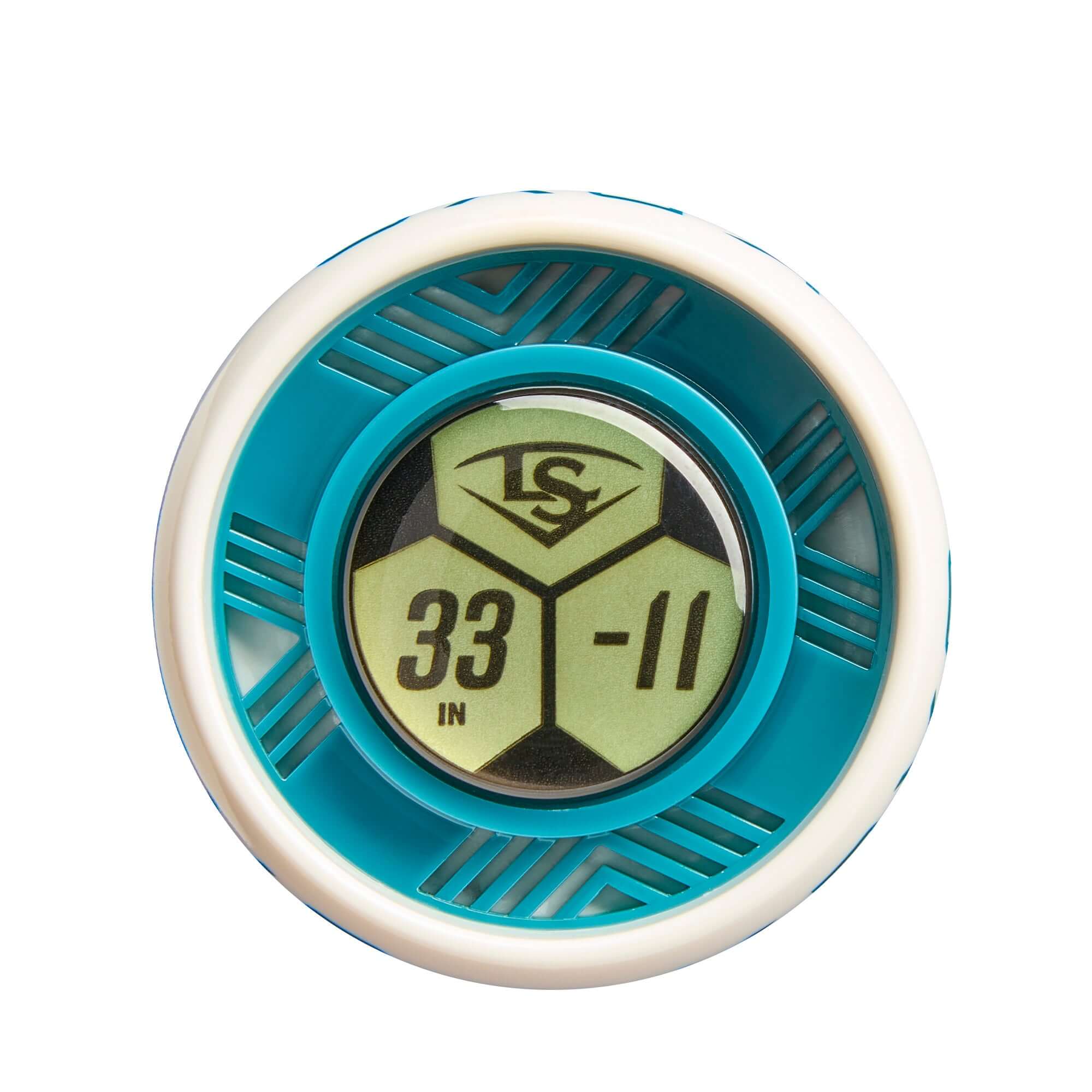 Louisville Slugger Kryo fastpitch bat measurement dial showing 33 inch 11 drop specification in teal and white design.