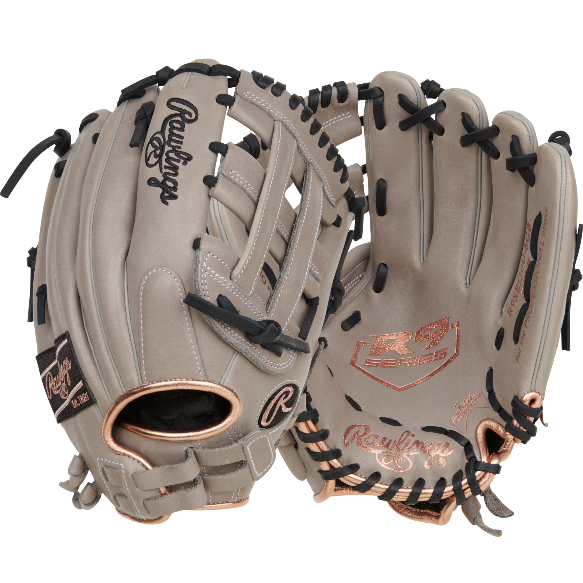 Rawlings R9 12-Inch Softball Glove front back combination view Pro H Web pull strap