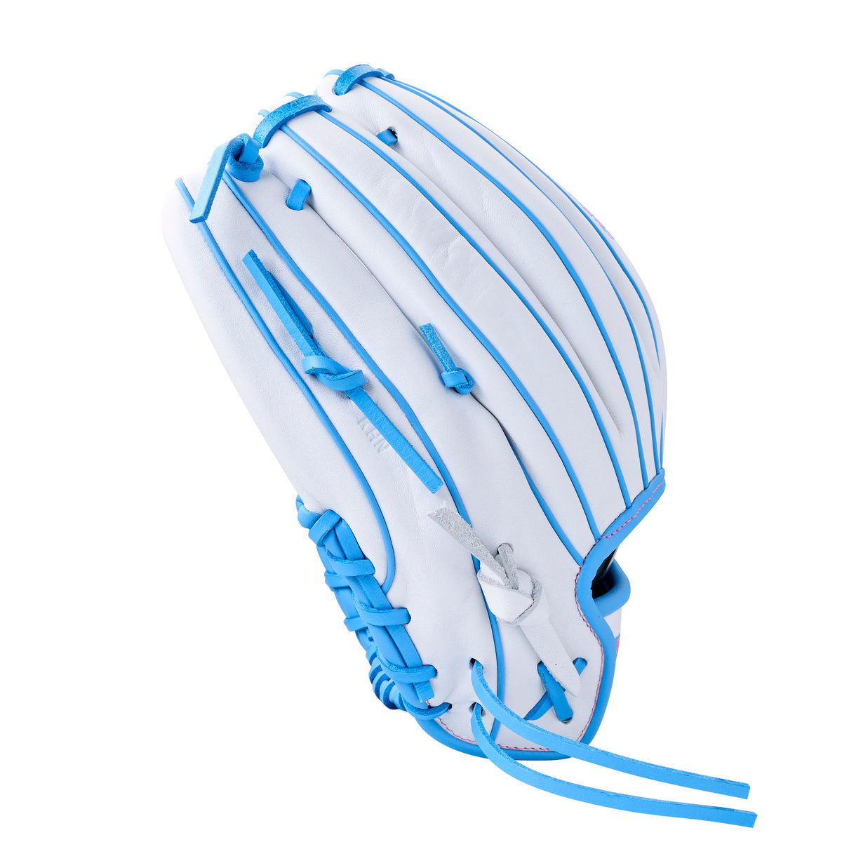 Wilson 2027 A1000 H12 Fastpitch Glove in white and blue, designed for infielders, with H-Web and shallow pocket for quick ball transfers.