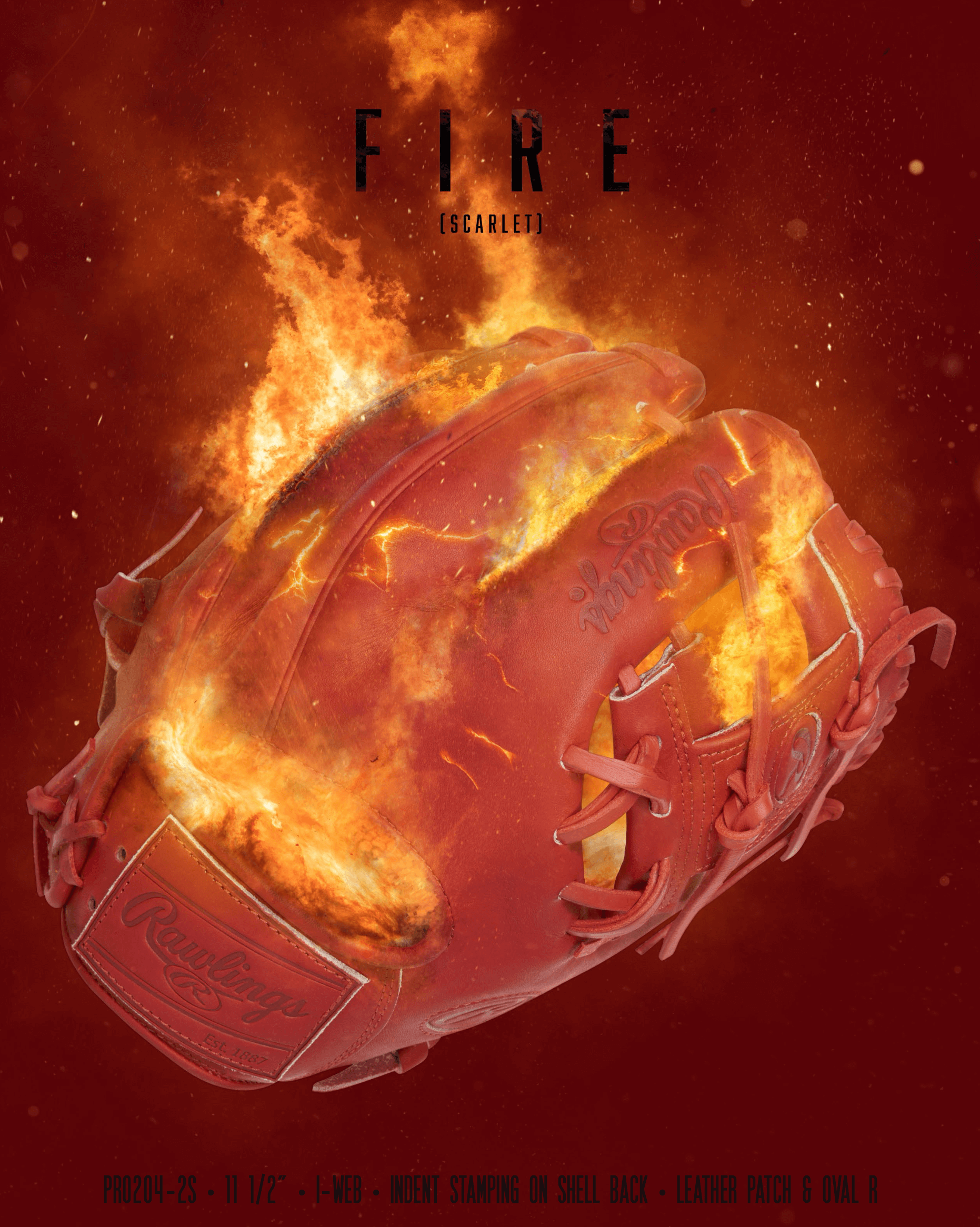 Rawlings Pro Label Element Series 2.0 Fire 11.5" Infield Glove in scarlet with fiery effects, showcasing premium craftsmanship.