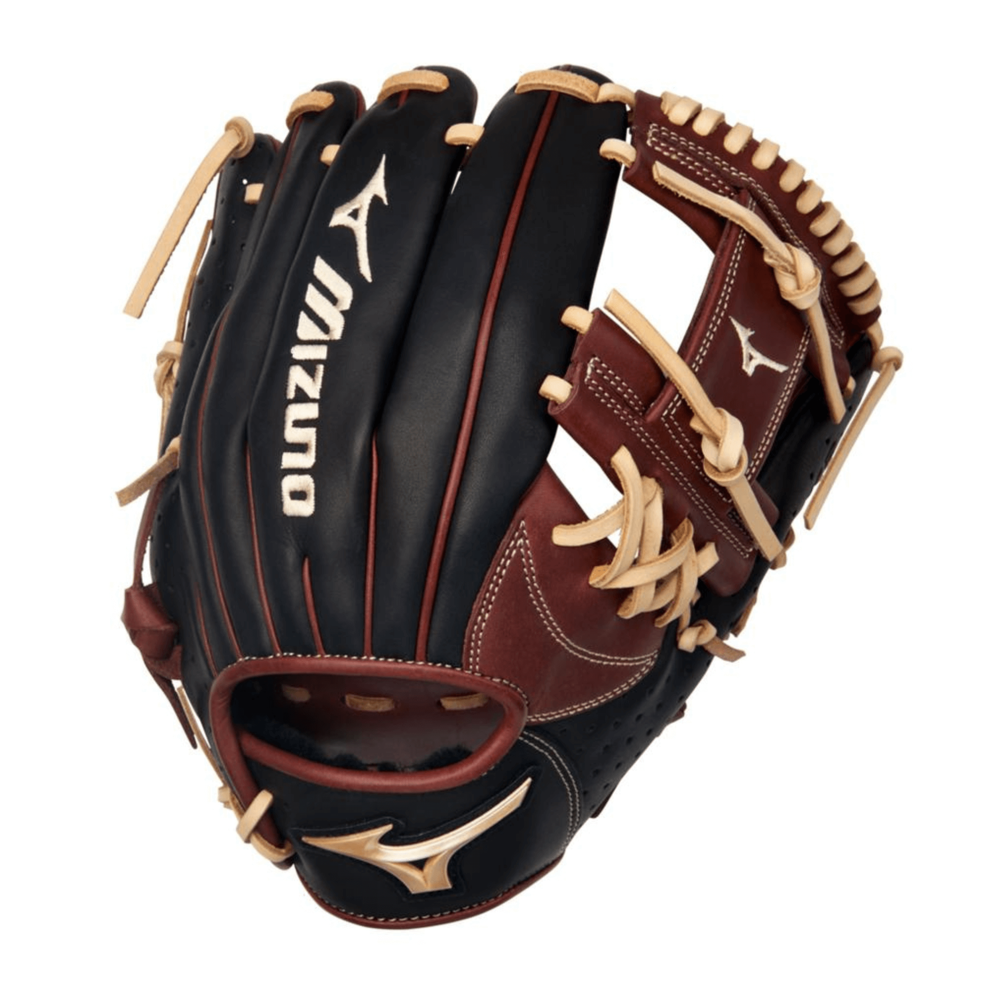 Mizuno Prime Elite 11.75" Infield Baseball Glove in black and brown, featuring soft leather and breathable design.