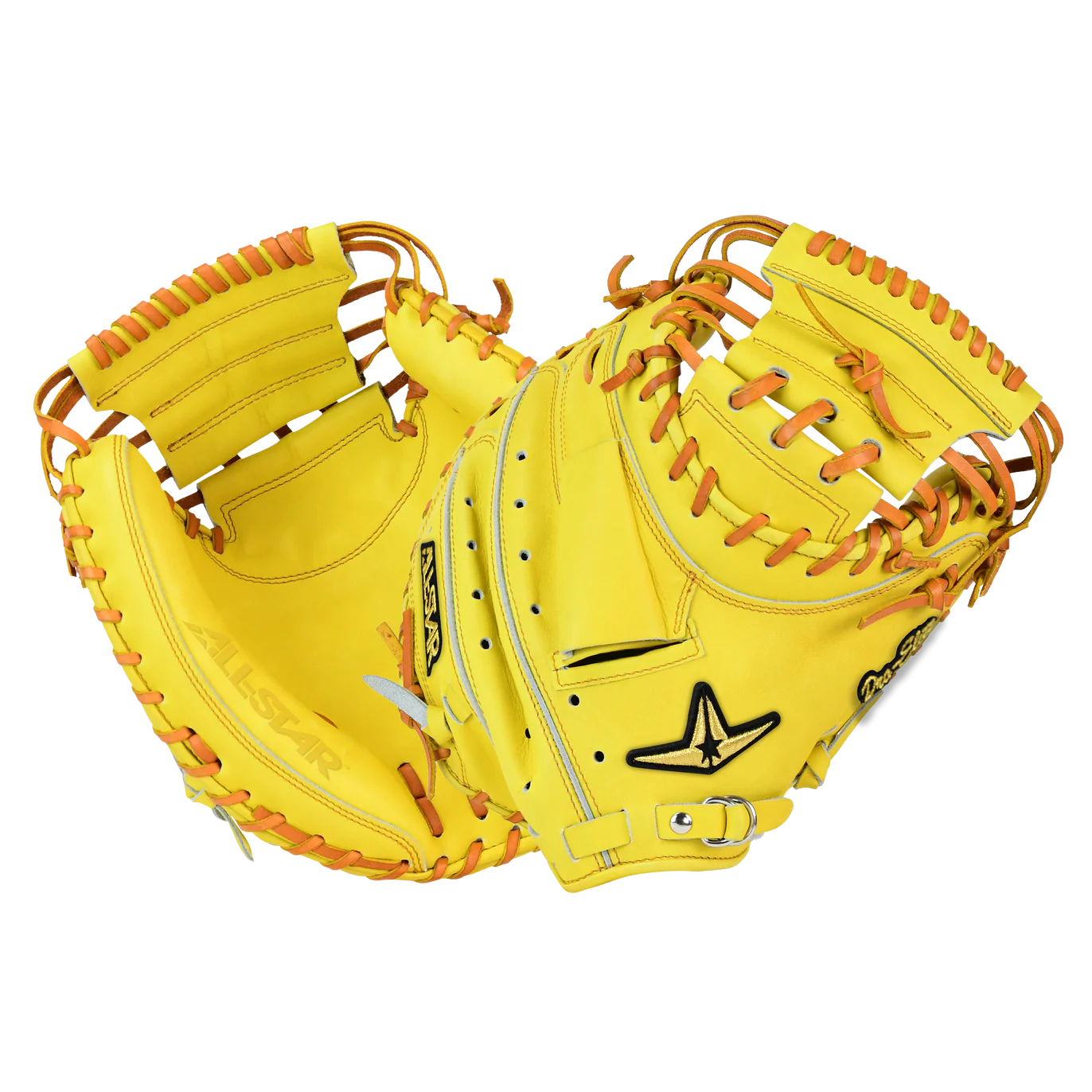 All-Star Pro-Elite Japan 34 Catchers Mitt Closed Back in yellow and light brown showcasing elite performance and craftsmanship.