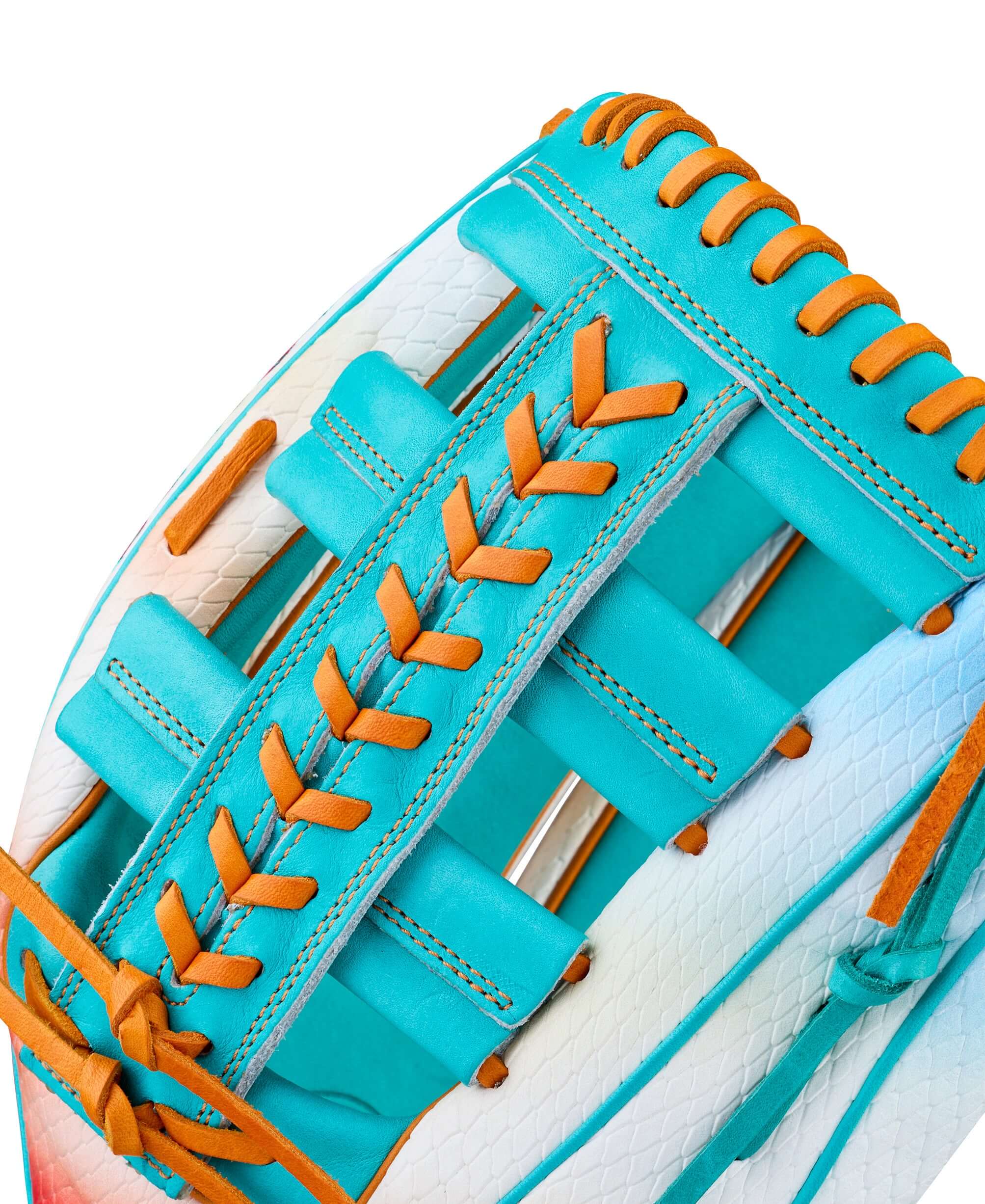 Detailed view of Wilson 2025 Northern Lights A2000 1810 baseball glove's vibrant aqua and orange lacing.