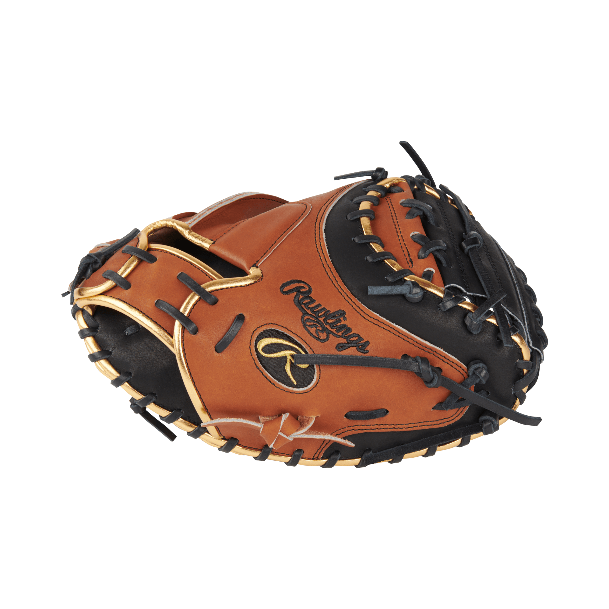 Rawlings Color Sync 8.0 Limited Edition catcher's mitt PROYM4GBB in black and brown leather with gold accents.