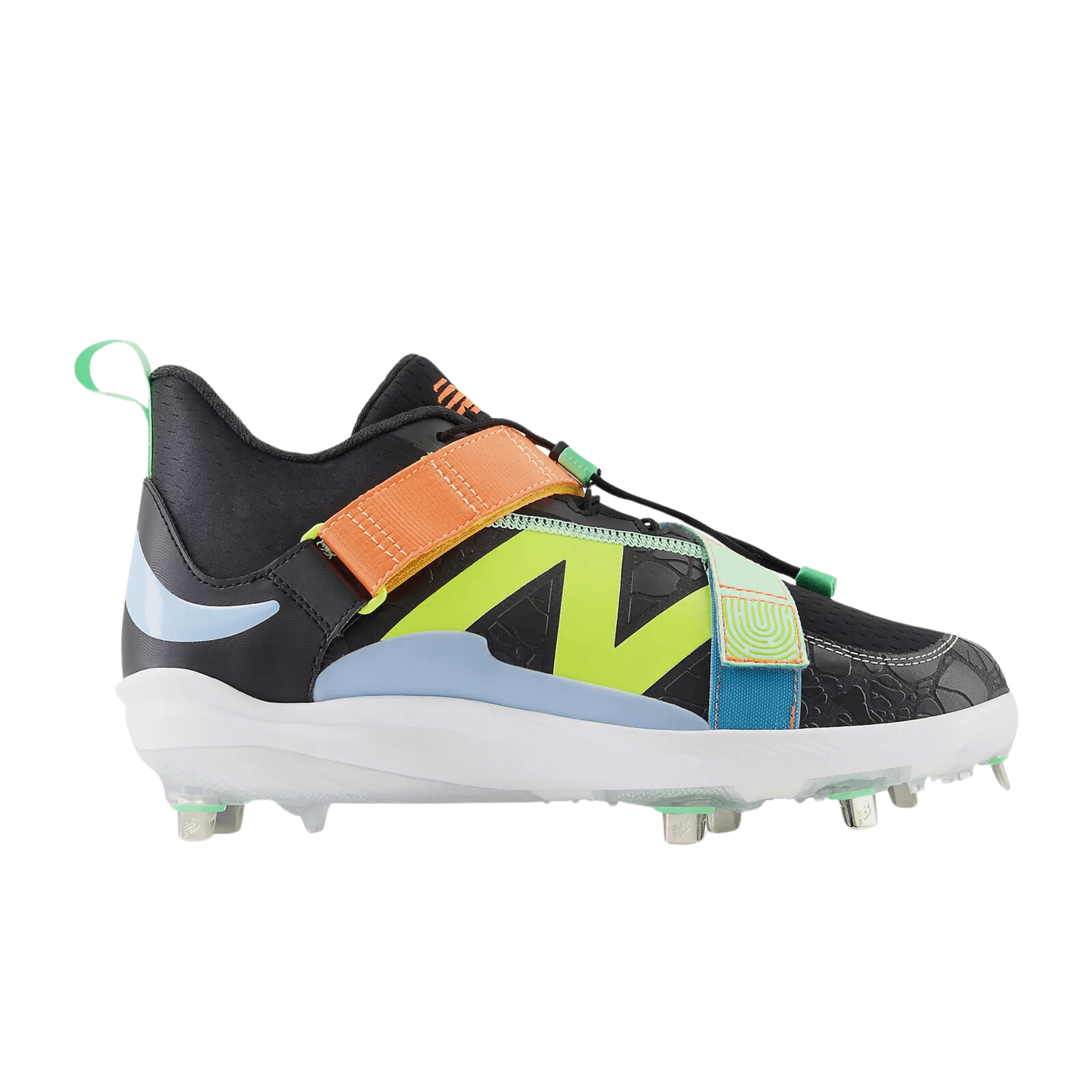 New Balance FuelCell Lindor 2 Metal baseball cleat in black with vibrant yellow and orange straps, designed for traction and fit.