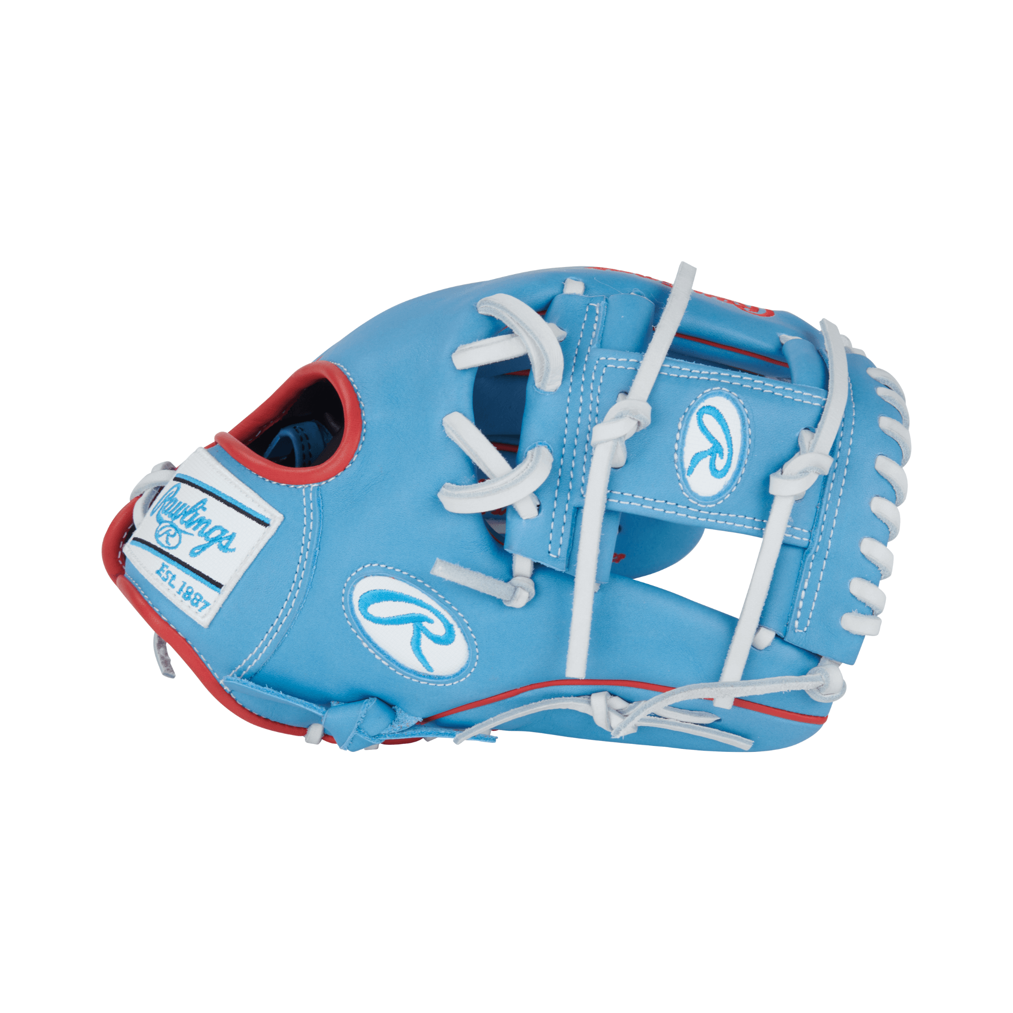 Close-up of the thumb area on the Rawlings NXT glove showcasing red laces, thumb loop, and durable stitching.