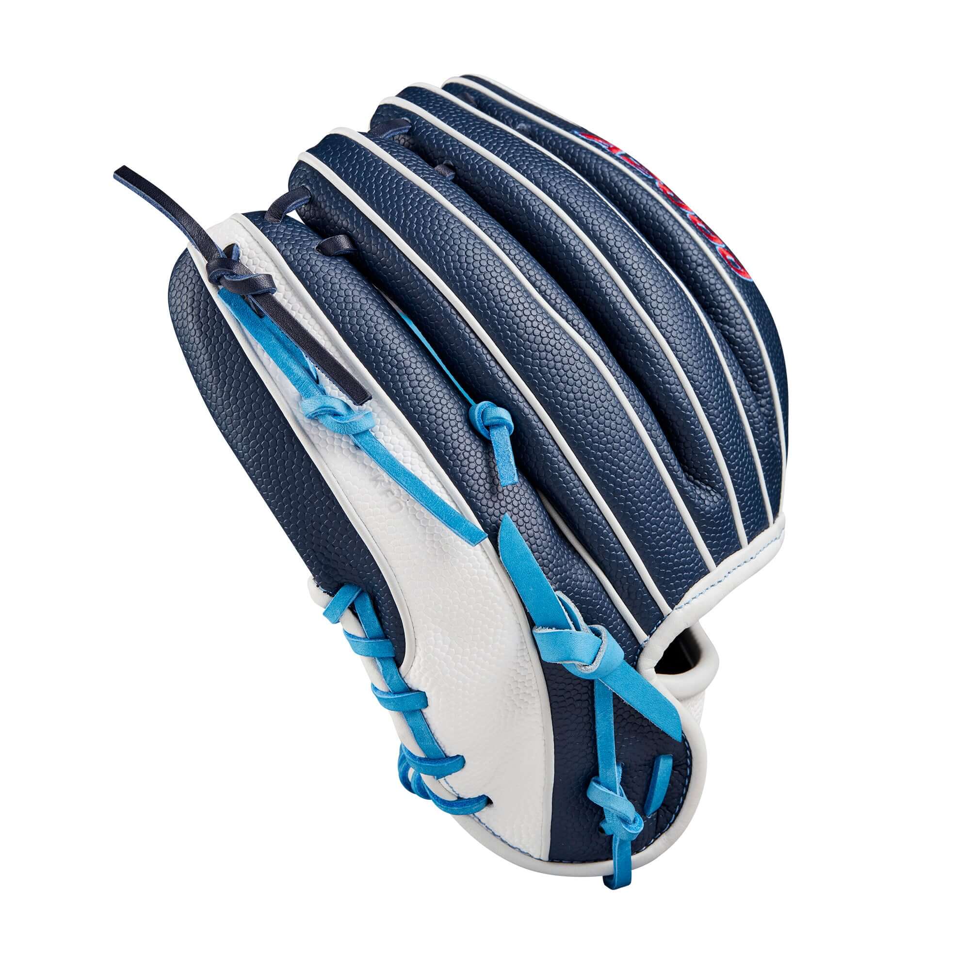 Wilson A2000 PF88SS baseball glove in navy and sky blue, designed for smaller hands, 11.25 inches with Pedroia Fit Technology.