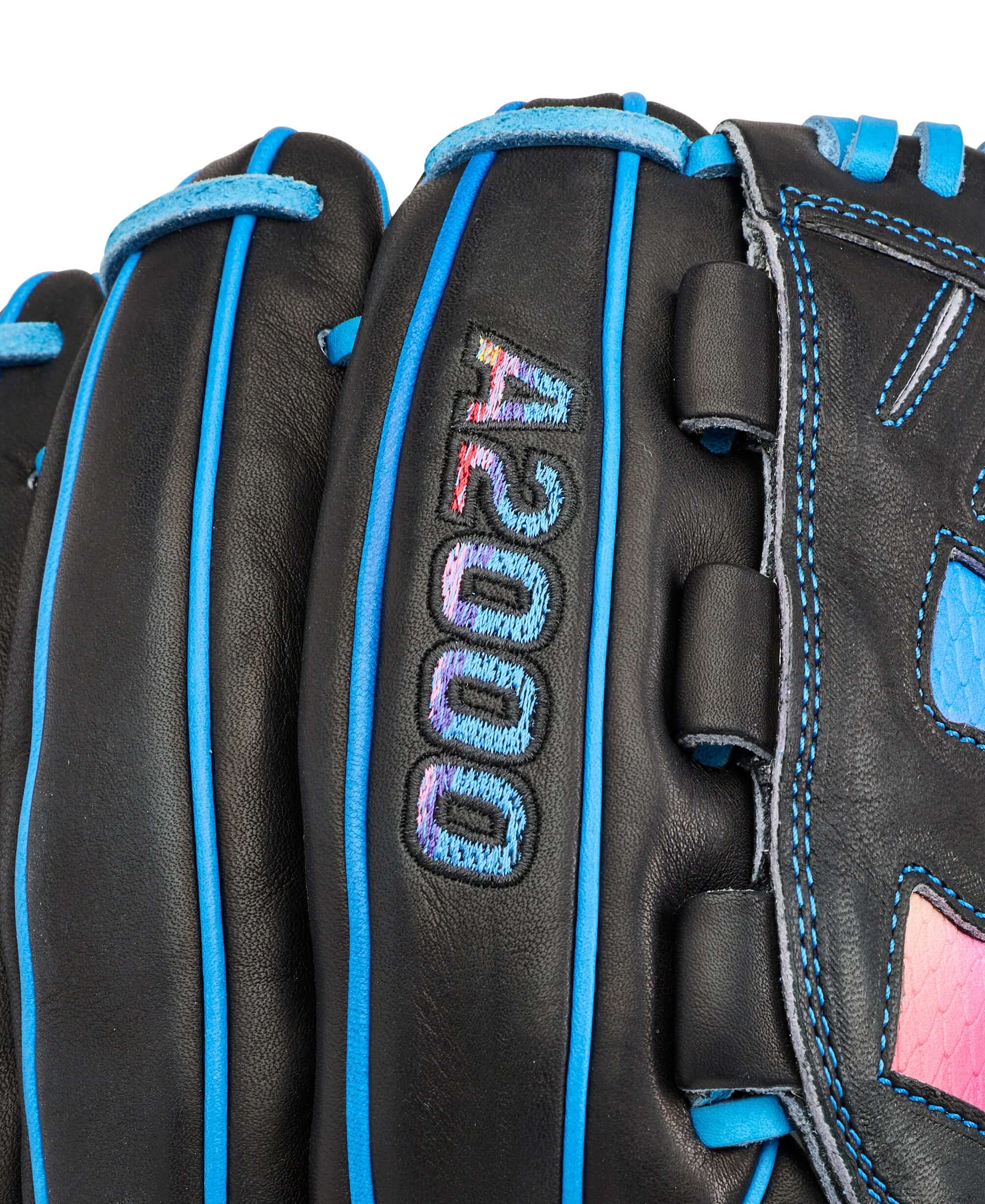 Wilson 2026 Love the Moment A2000 B23 Puzzle Piece 12” Pitcher’s Baseball Glove LHT web detail with black leather and blue lacing.