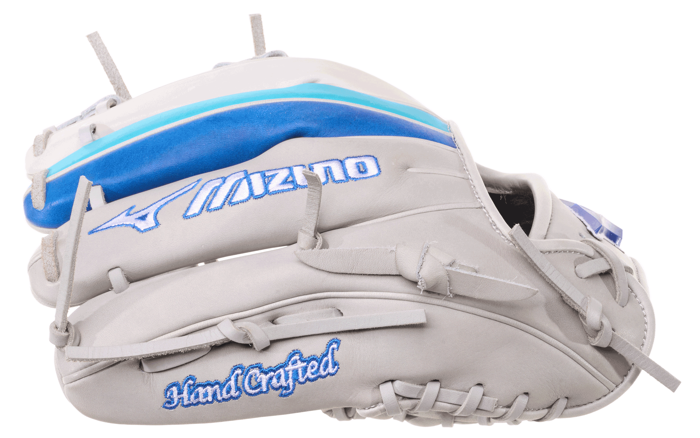 Mizuno 120th Anniversary Pro Select 11.5" Baseball Glove backhand view with blue accents and 'Hand Crafted' stitching.