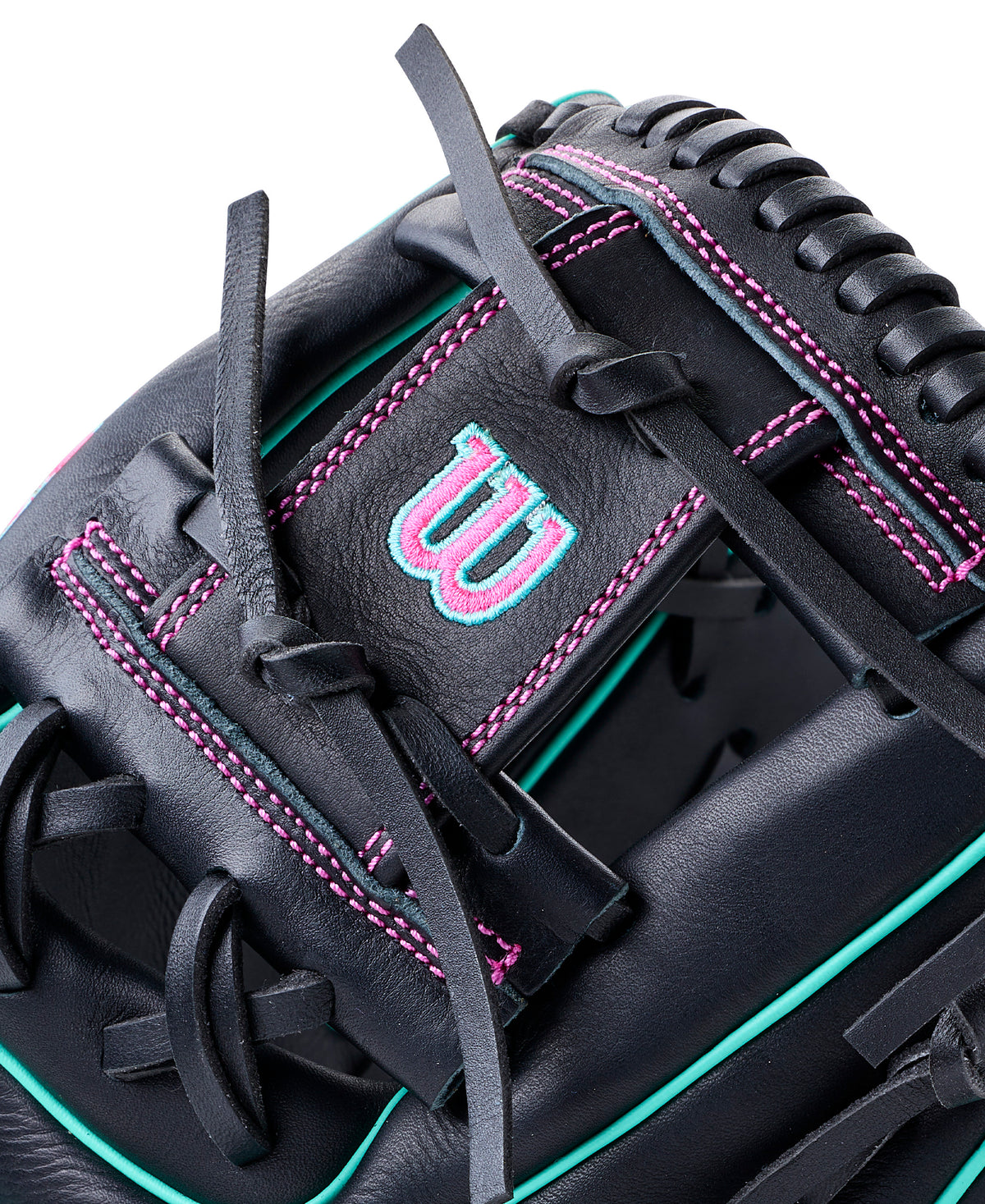 Close-up of Wilson 2027 A700 11.25” Infield Baseball Glove showing detailed stitching and branding logo.