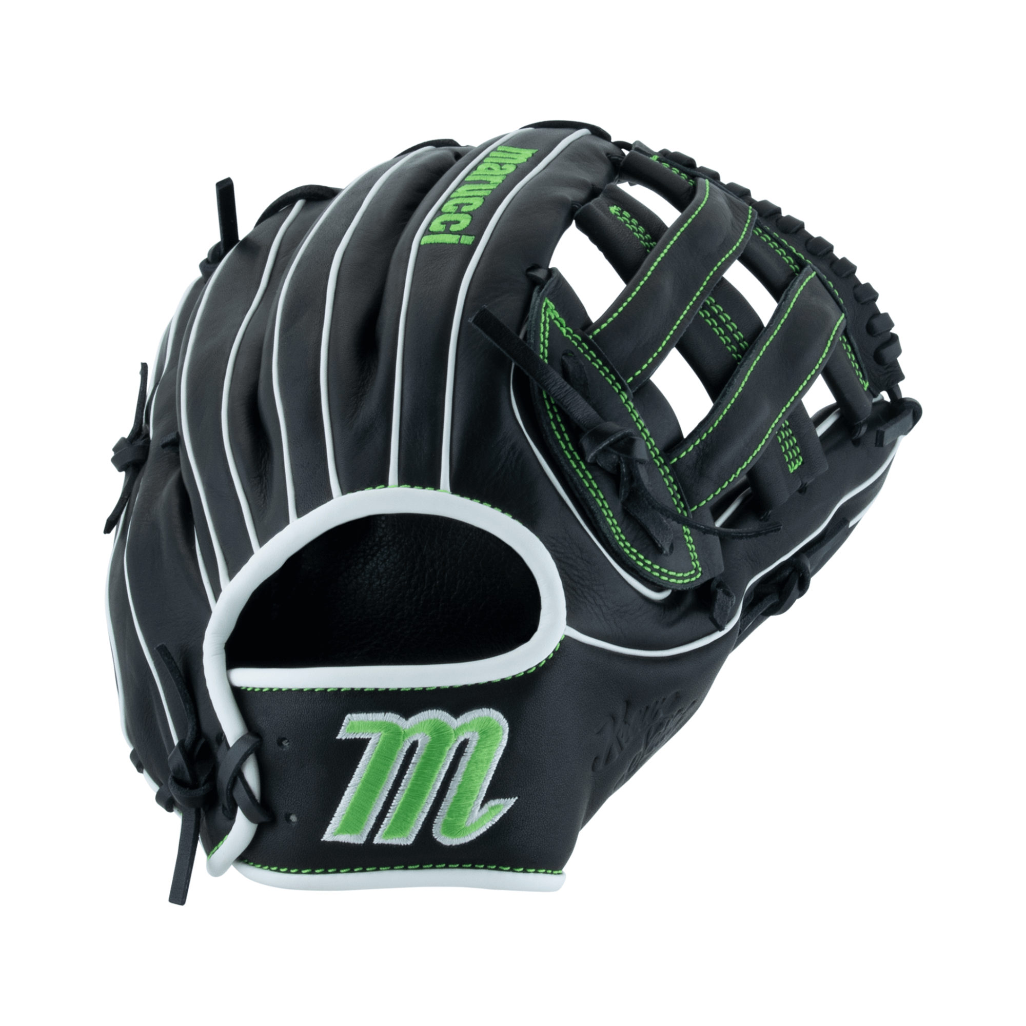 Marucci Krewe Series 45A3 12" H Web mitt in black with green accents, designed for comfort and performance.