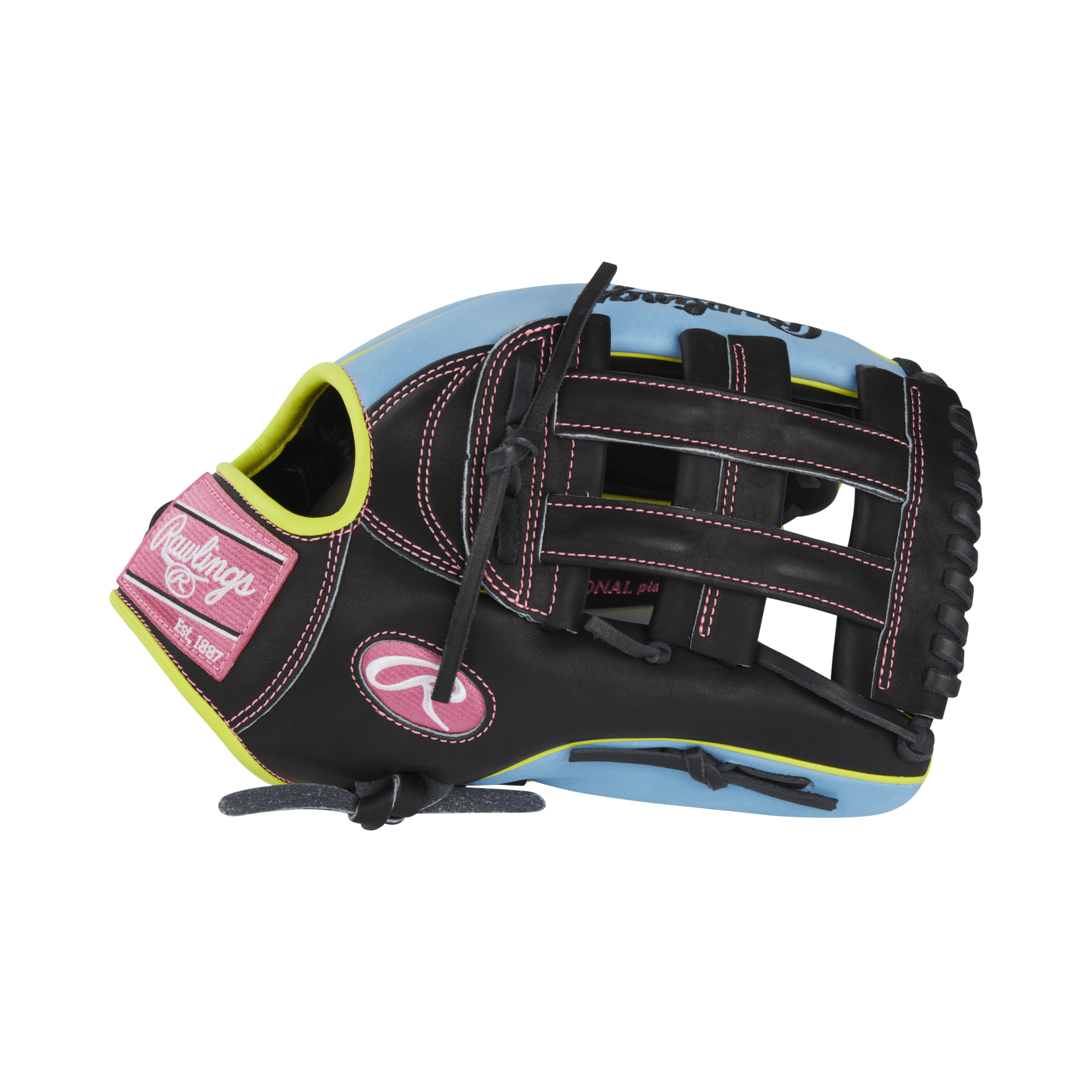 Rawlings Heart of the Hide Color Sync 8.0 Limited Edition 12.75" LHT outfield glove in black, pink, and blue design.