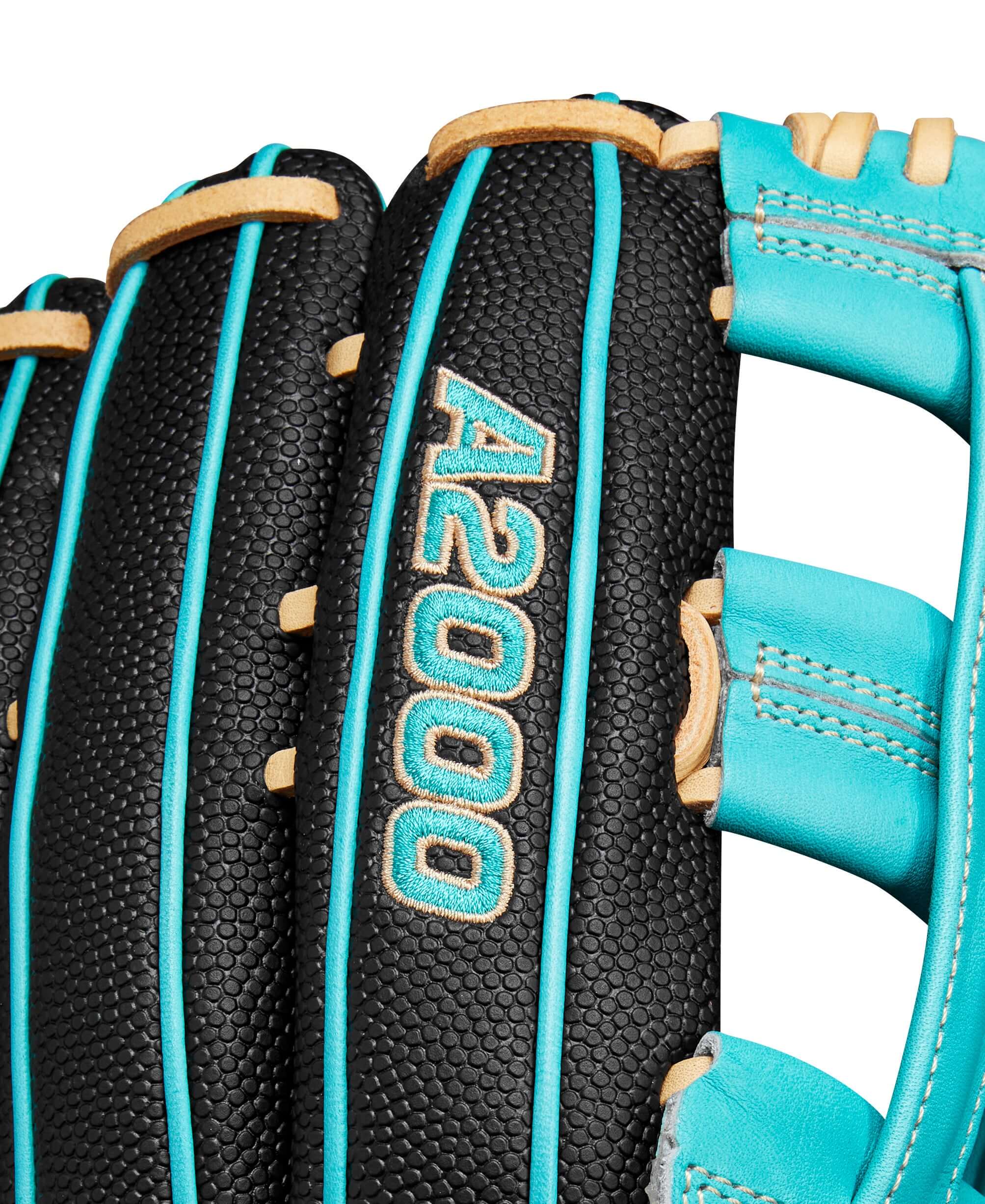 Close-up of Wilson A2000 PF50SS outfield baseball glove showcasing Black SuperSkin and signature design details.