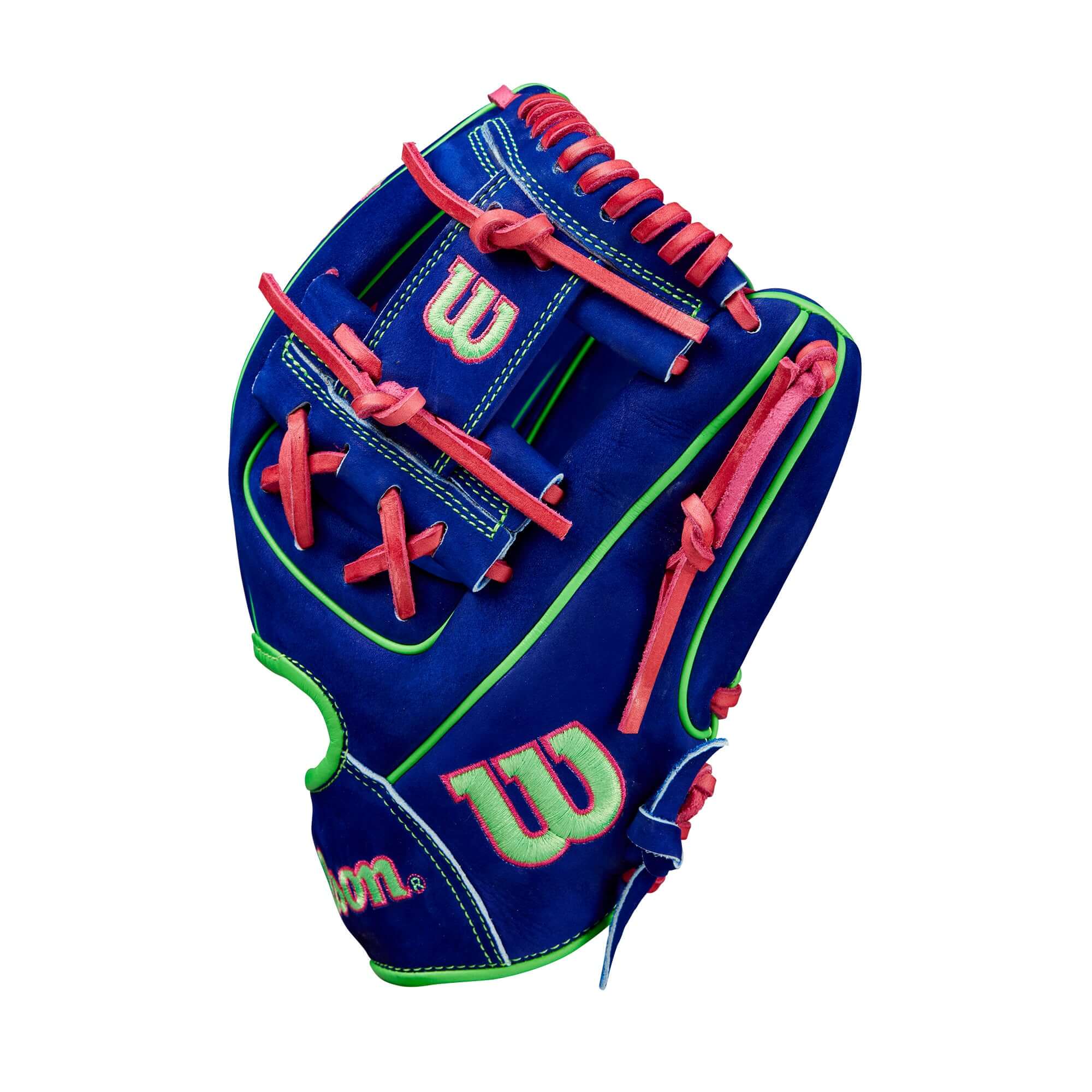 Wilson A2000 January 2024 GOTM 11.5" glove in Royal Blue leather with Neon Green and Flamingo Pink accents.