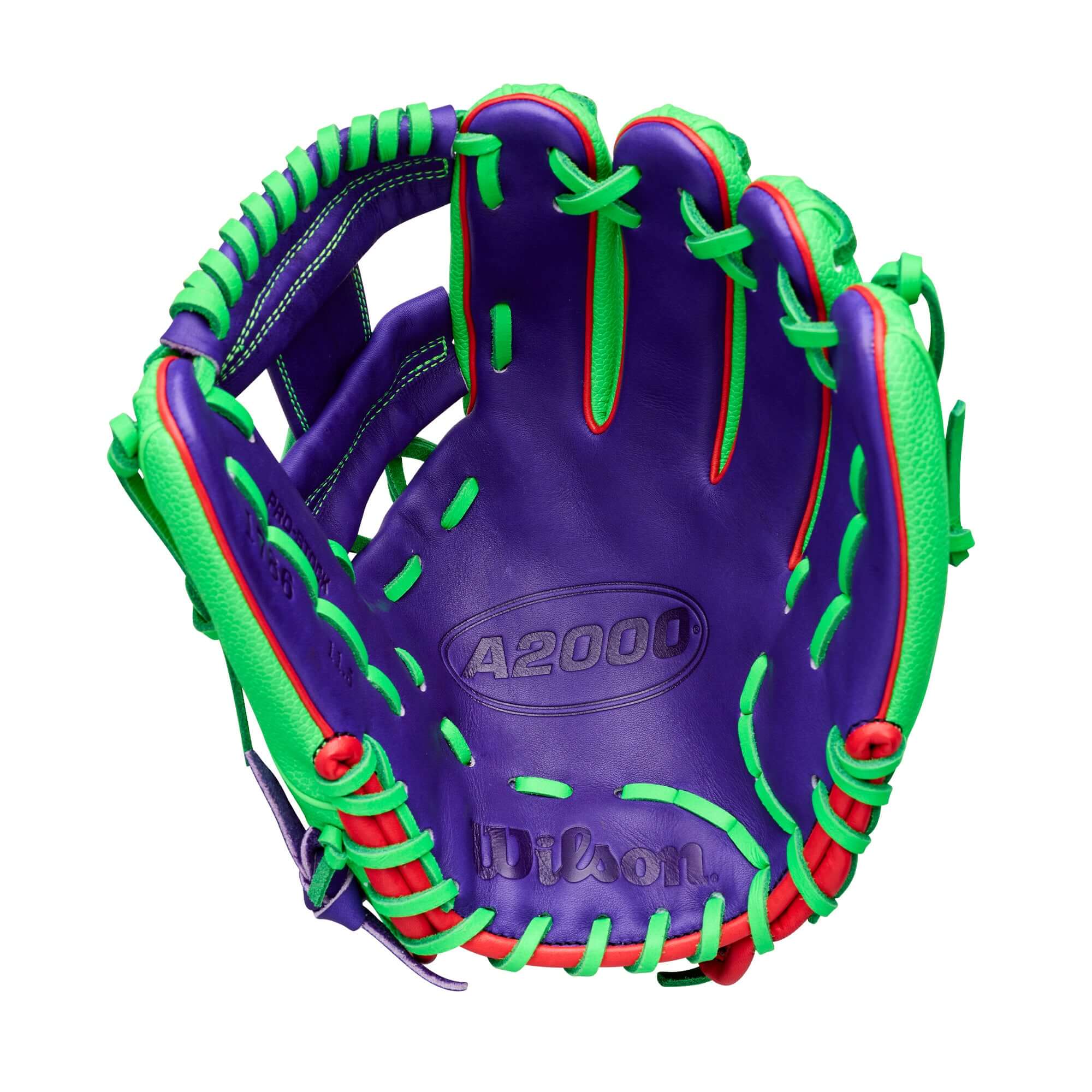 Palm view of Wilson Swingin’ Sour Apple A2000 1786 11.5" Infield Baseball Glove, purple and green with I-web lacing.