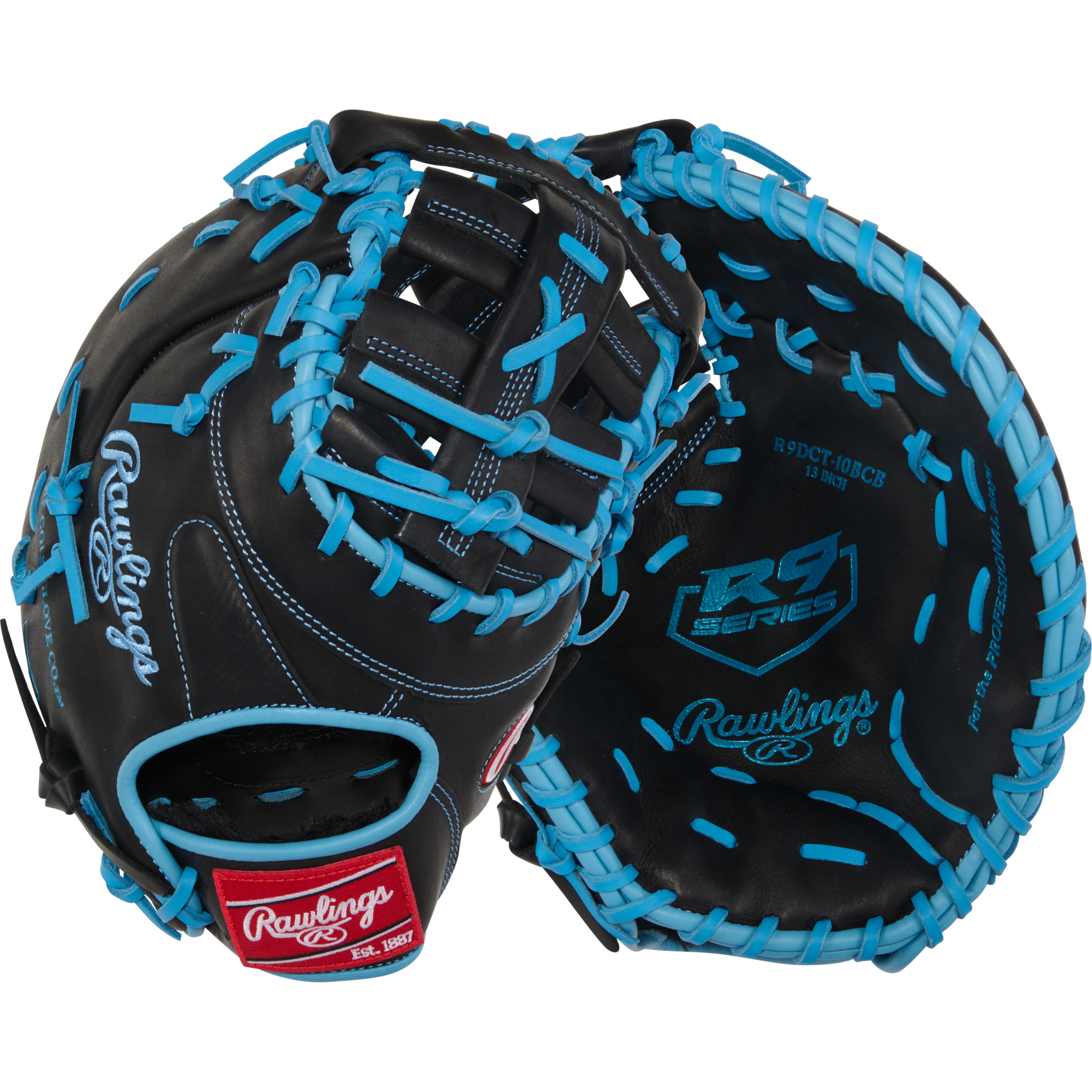 Rawlings R9 13" First Base Mitt Black/Col. Blue - Back and Palm View