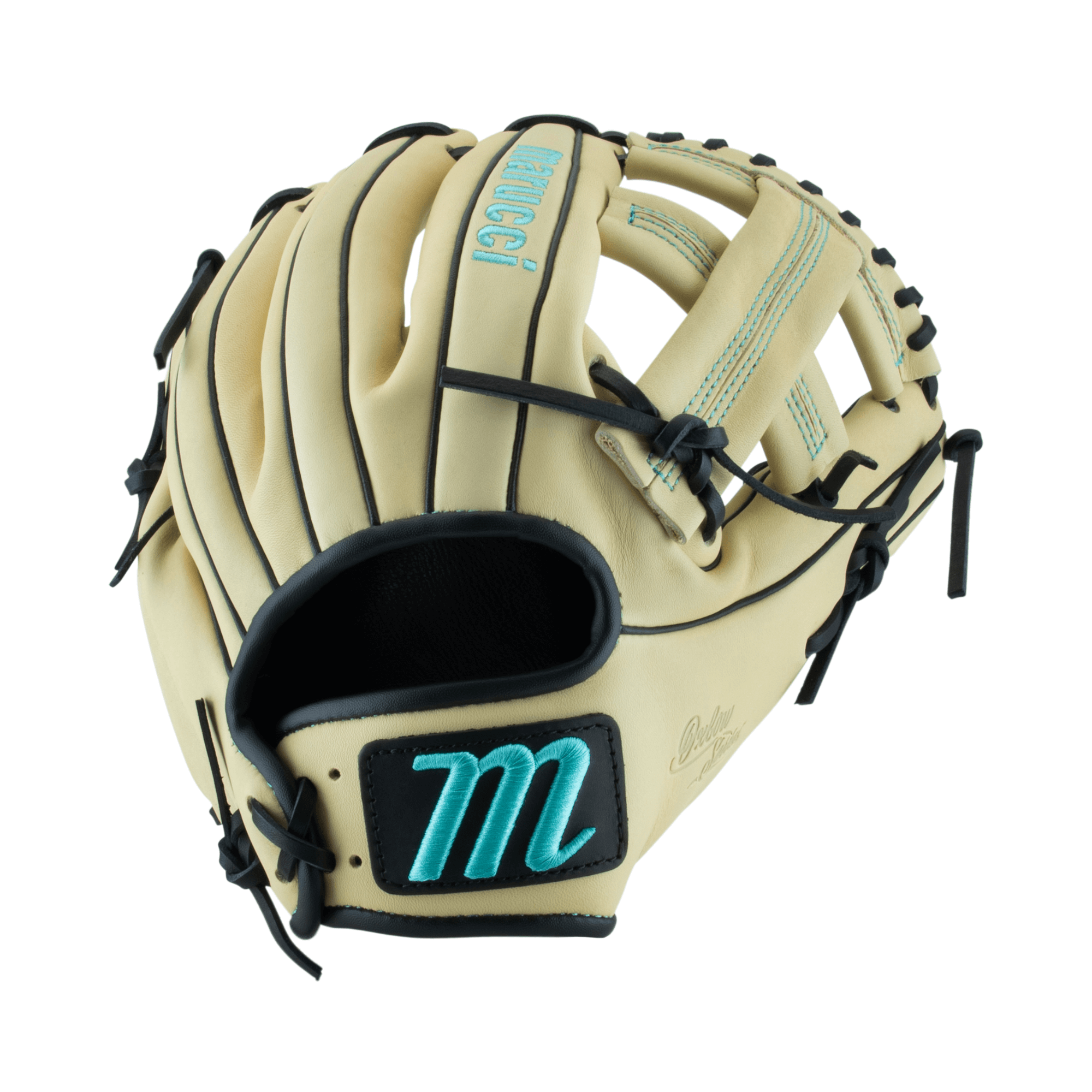 Marucci Oxbow Series 44A4 11.75-inch glove in tan leather with blue accents, featuring a single post design and tapered fit.