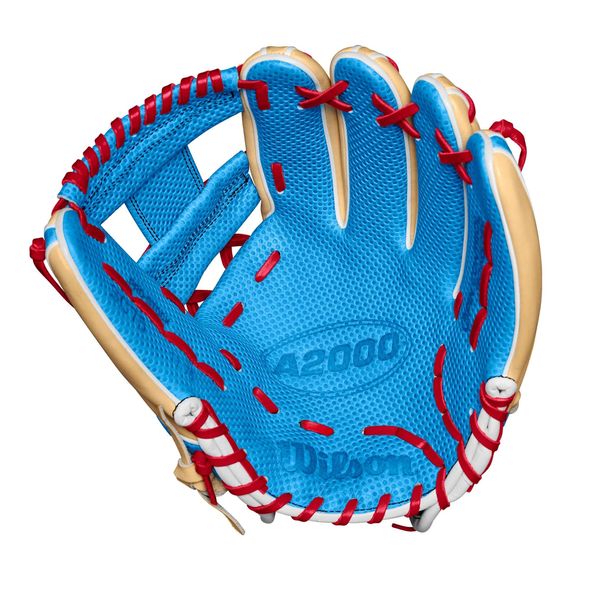 Wilson A2000 1975 infield baseball glove with Sky Blue leather and red accents, ideal for secure ball handling and grip.