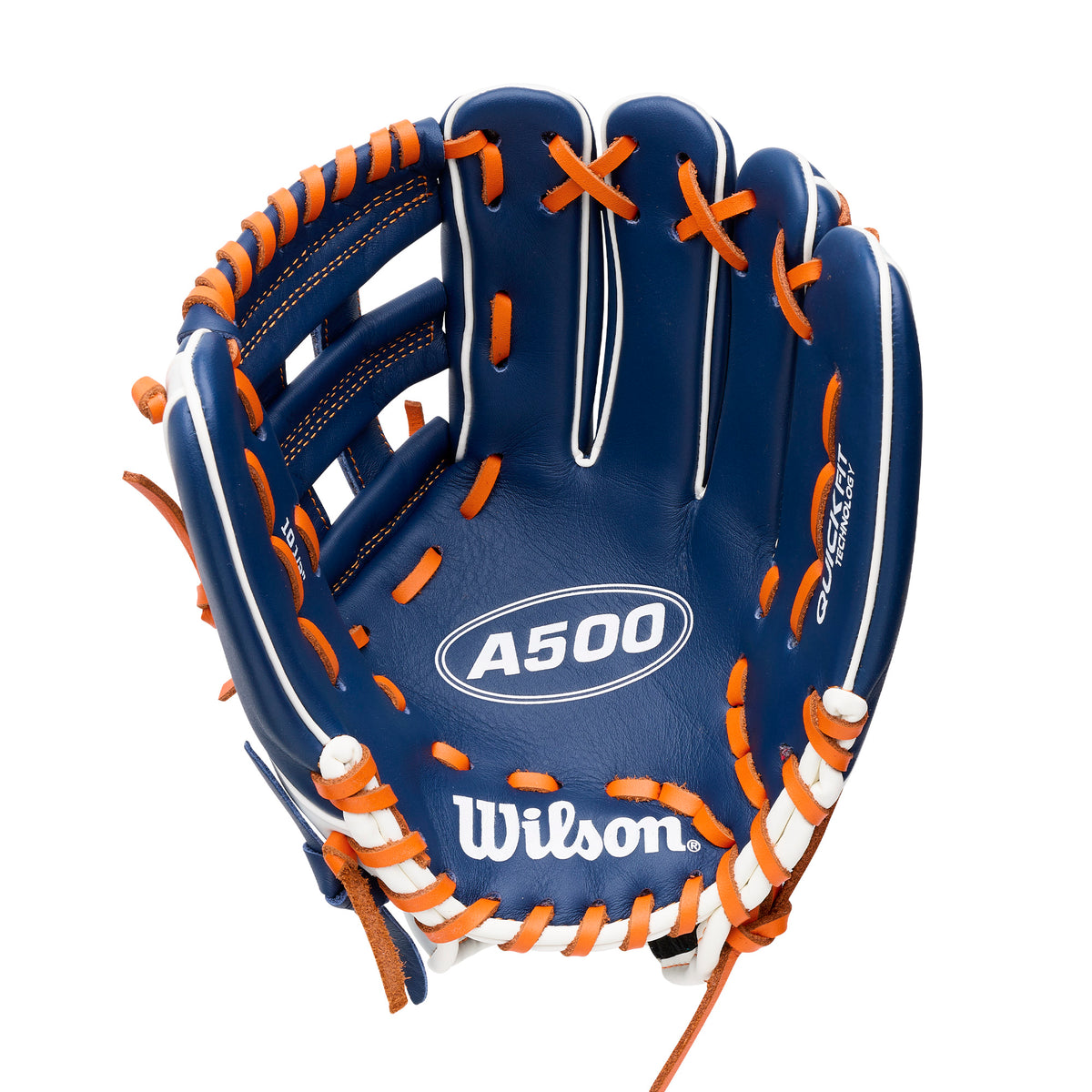 Wilson 2027 A500 10.5” infield youth baseball glove with blue leather and orange lacing, designed for ages 6-10.