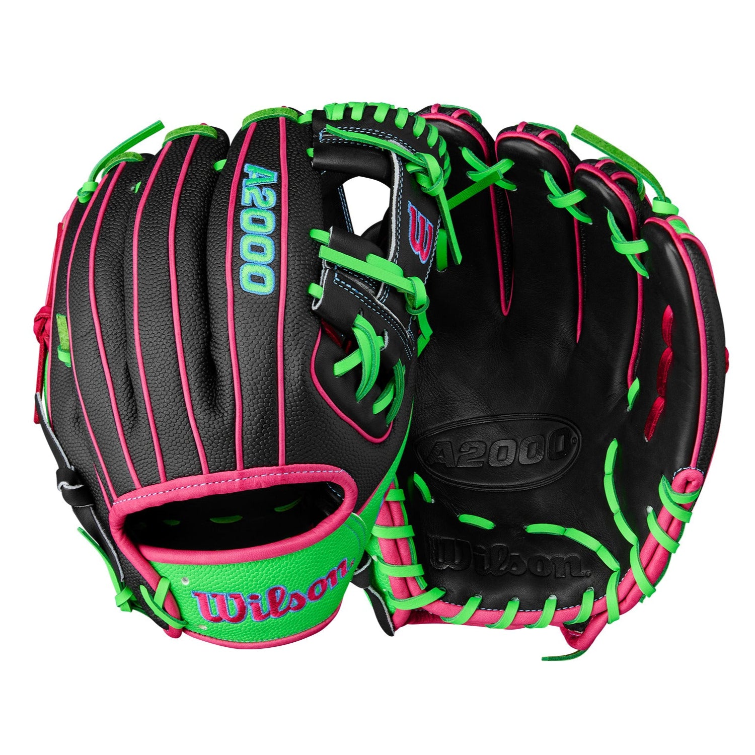 Back and palm view of Wilson A2000 1786 11.5'' Infield Glove with Black Pro Stock® leather and Neon Green SuperSkin™.