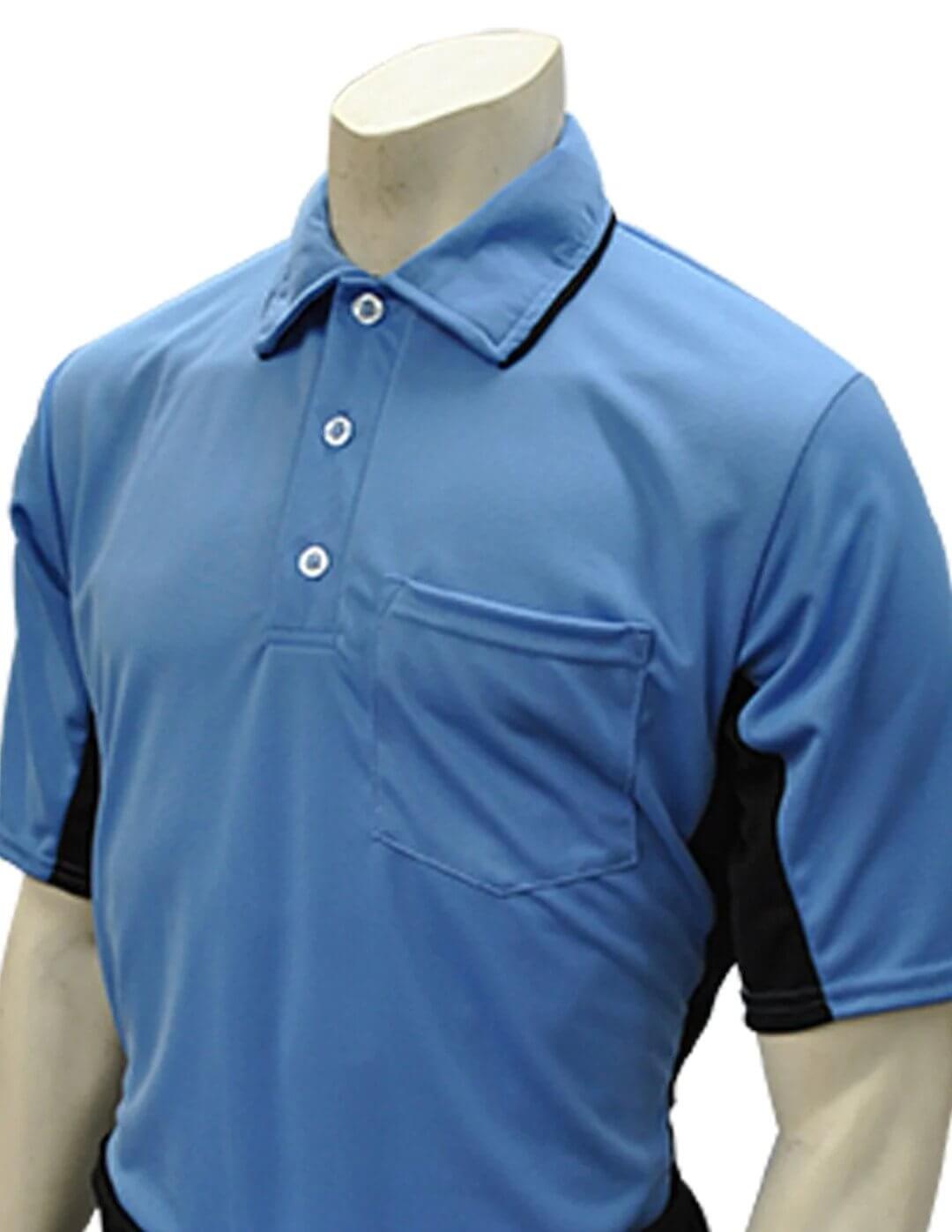 Smitty MLB Style Umpire Shirt in Sky Blue with Black Side Panels, moisture-wicking fabric, 3-button placket, pocket.