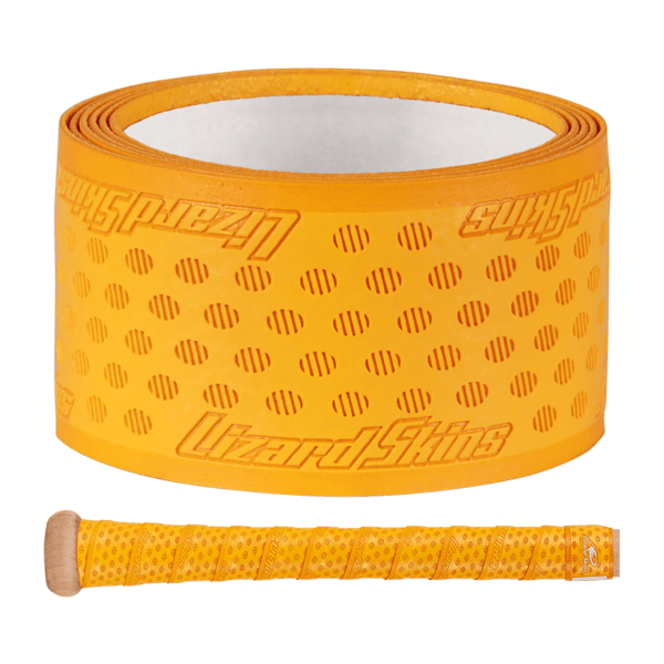Lizard Skins DSP Ultra Bat Grip - 0.5 mm in yellow with oval pattern and Lizard Skins branding, roll and unwrapped view.