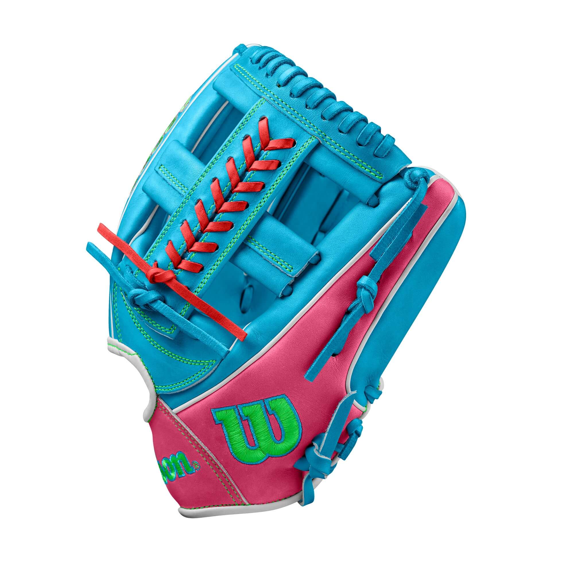 Wilson Fall 2024 A2000 1785 Sky Blue 11.75" infield baseball glove with flamingo pink lace and durable Pro Stock leather.