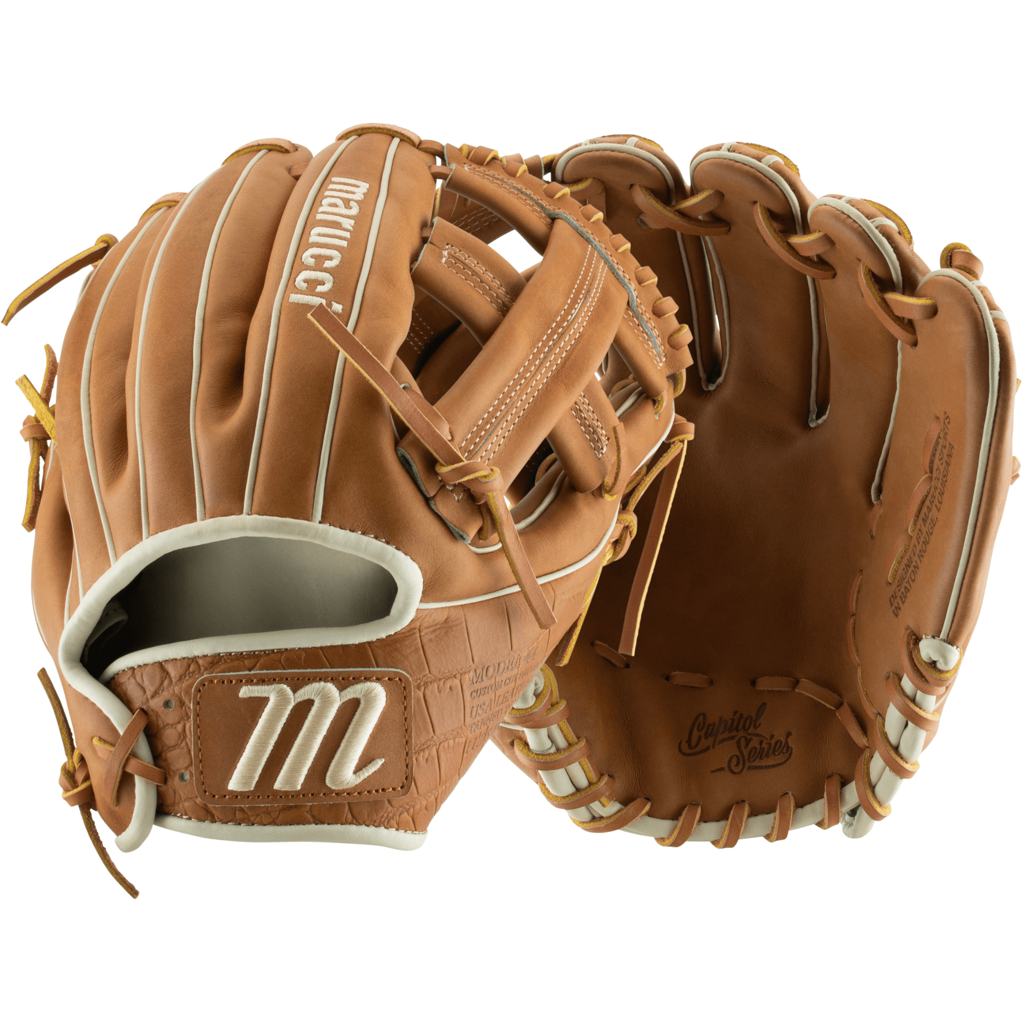Marucci Capitol Series AB2 Toffee/Gator Tan glove, 11.75", featuring premium leather and thumb padding for comfort.