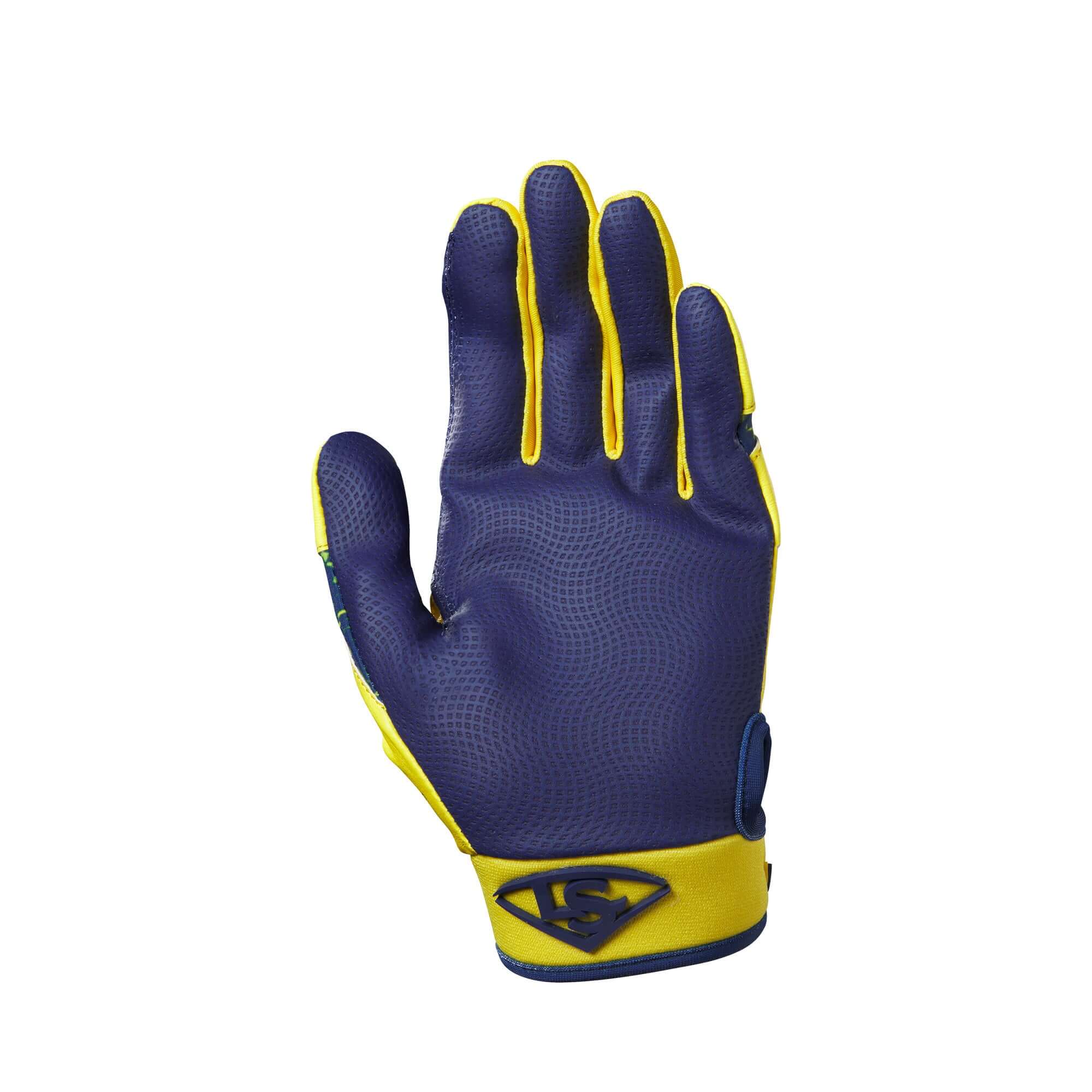 Louisville Slugger Savannah Bananas Youth Genuine V2 Batting Gloves backhand view, showing blue and yellow design.