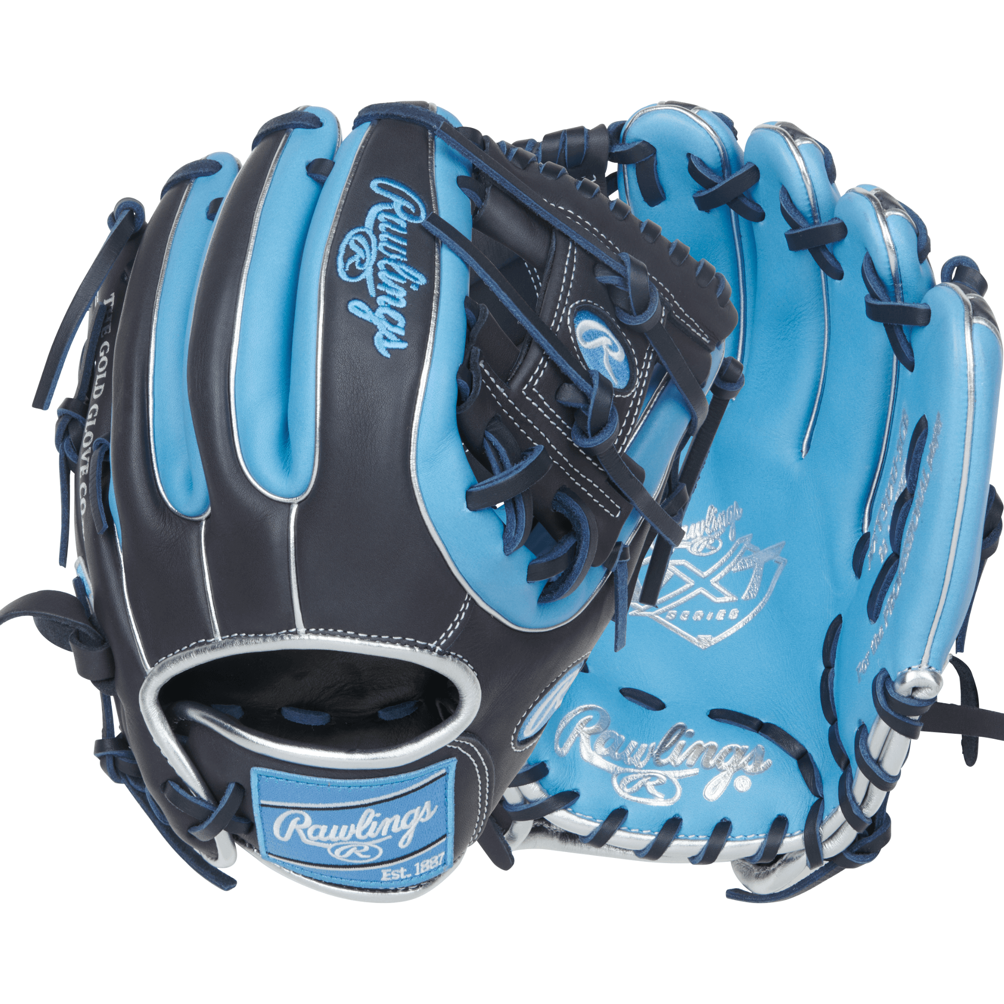 Rawlings NXT 11.25" Infield Glove shown front and back in Columbia Blue/Navy, designed for youth players with ContoUR fit