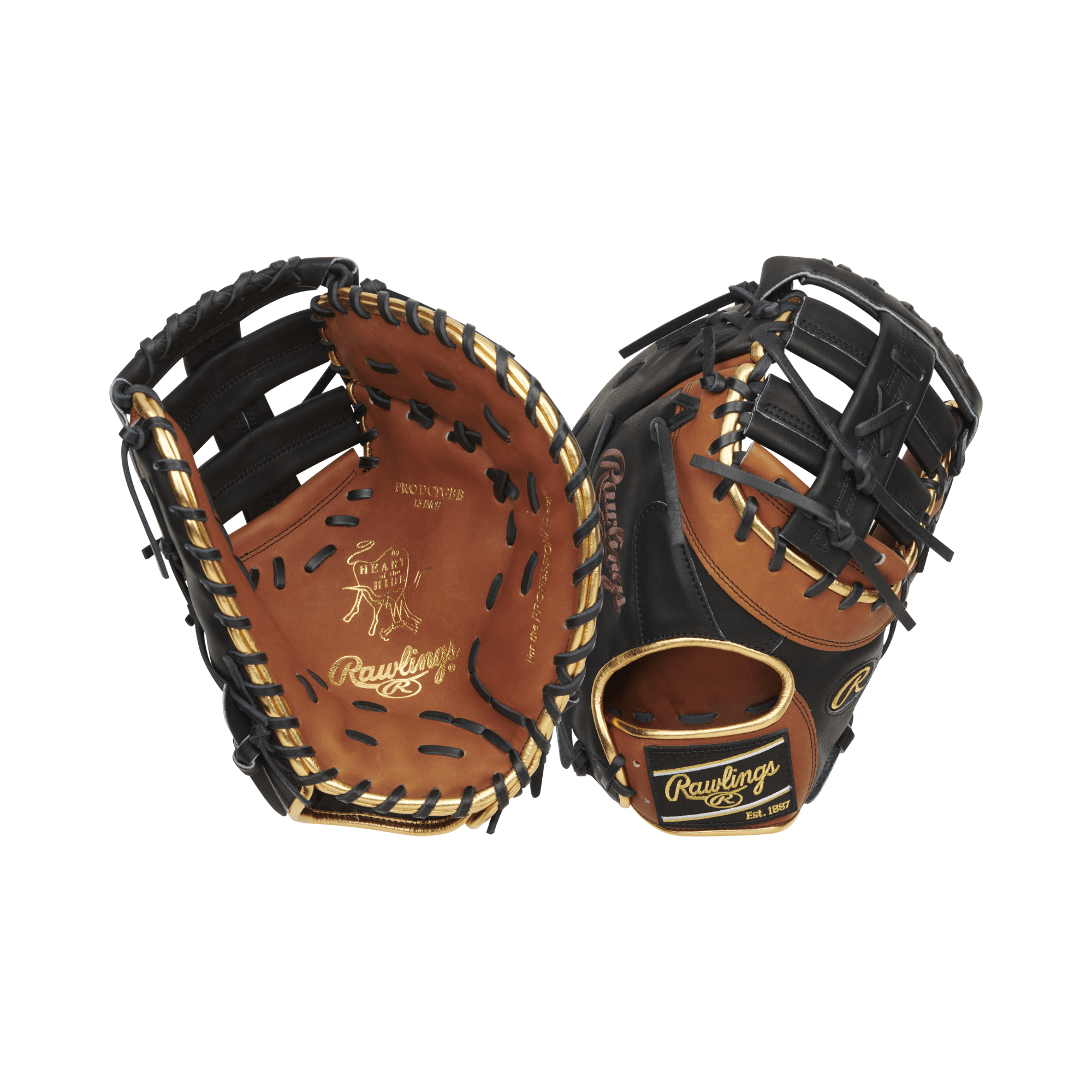 Rawlings Heart Of The Hide Color Sync 8.0 Limited Edition 13" first base mitt in black and brown with gold accents.
