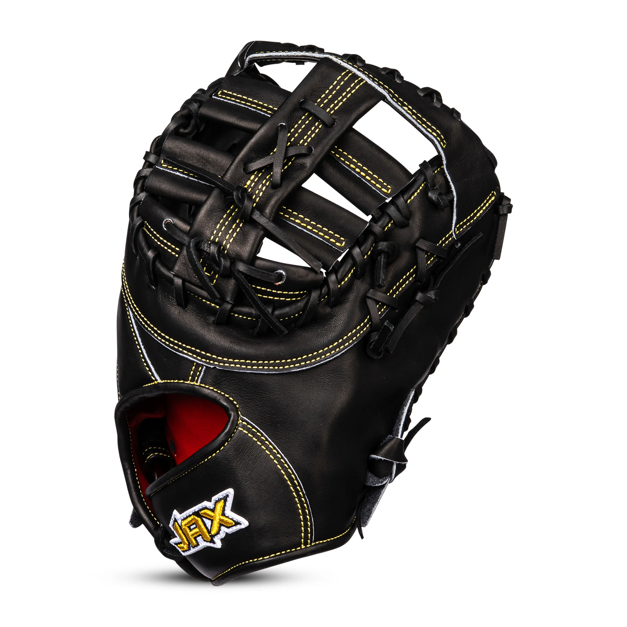 Jax PL-4 First Base Mitt thumb close-up with cushioned slot and premium steerhide leather.