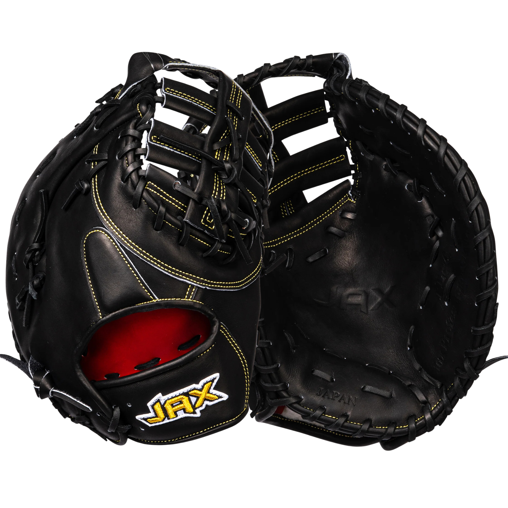 Jax PL-4 13” Black LHT First Base Mitt front and back with gold stitching and black laces.