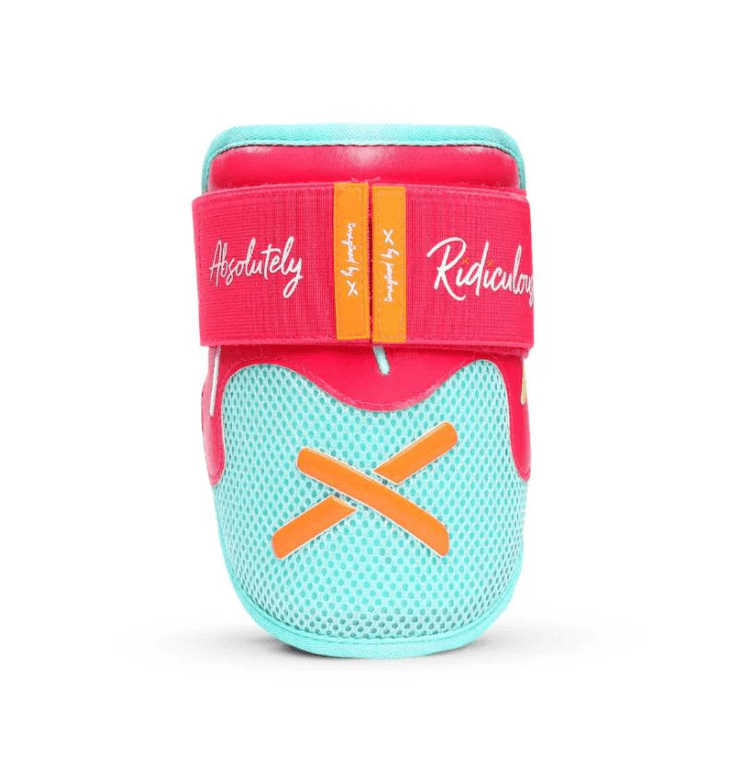 Front view of Absolutely Ridiculous Ice Cream Collection-Miami Ice Elbow Guard Standard with red and aqua color scheme.