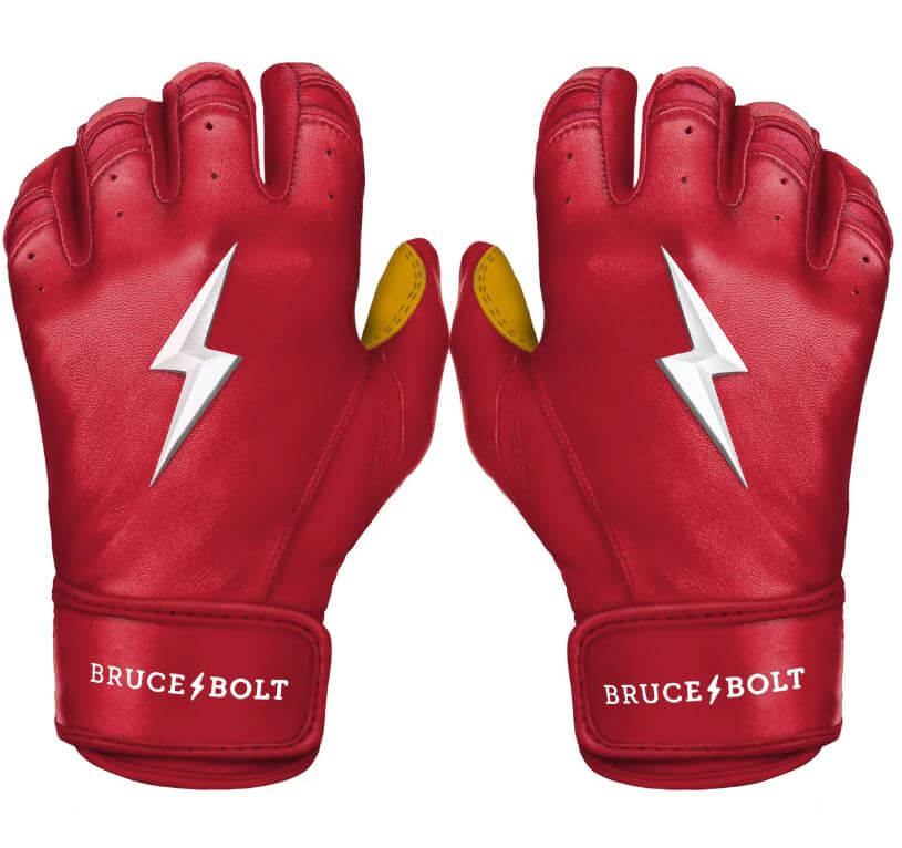 Bruce Bolt Premium Short Cuff Red/Gold Batting Gloves, made with 0.9mm Cabretta leather for durability and softness