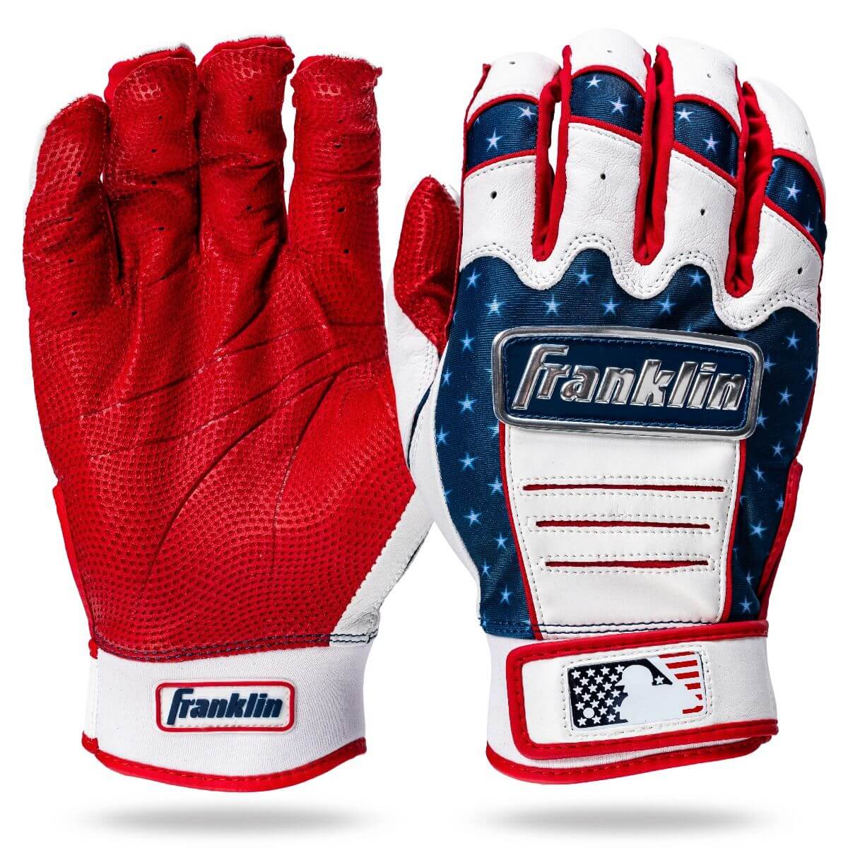 Franklin Jewel 4th Of July Batting Gloves in red, white, and blue with American flag logo
