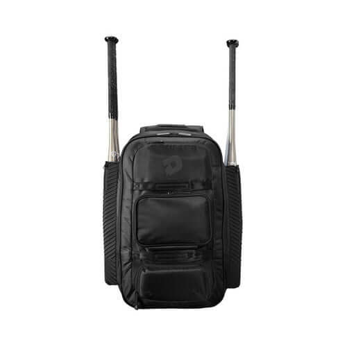 Wilson Demarini Special Ops Spectre BP in black with extra-large main compartment and neoprene bat sleeves.