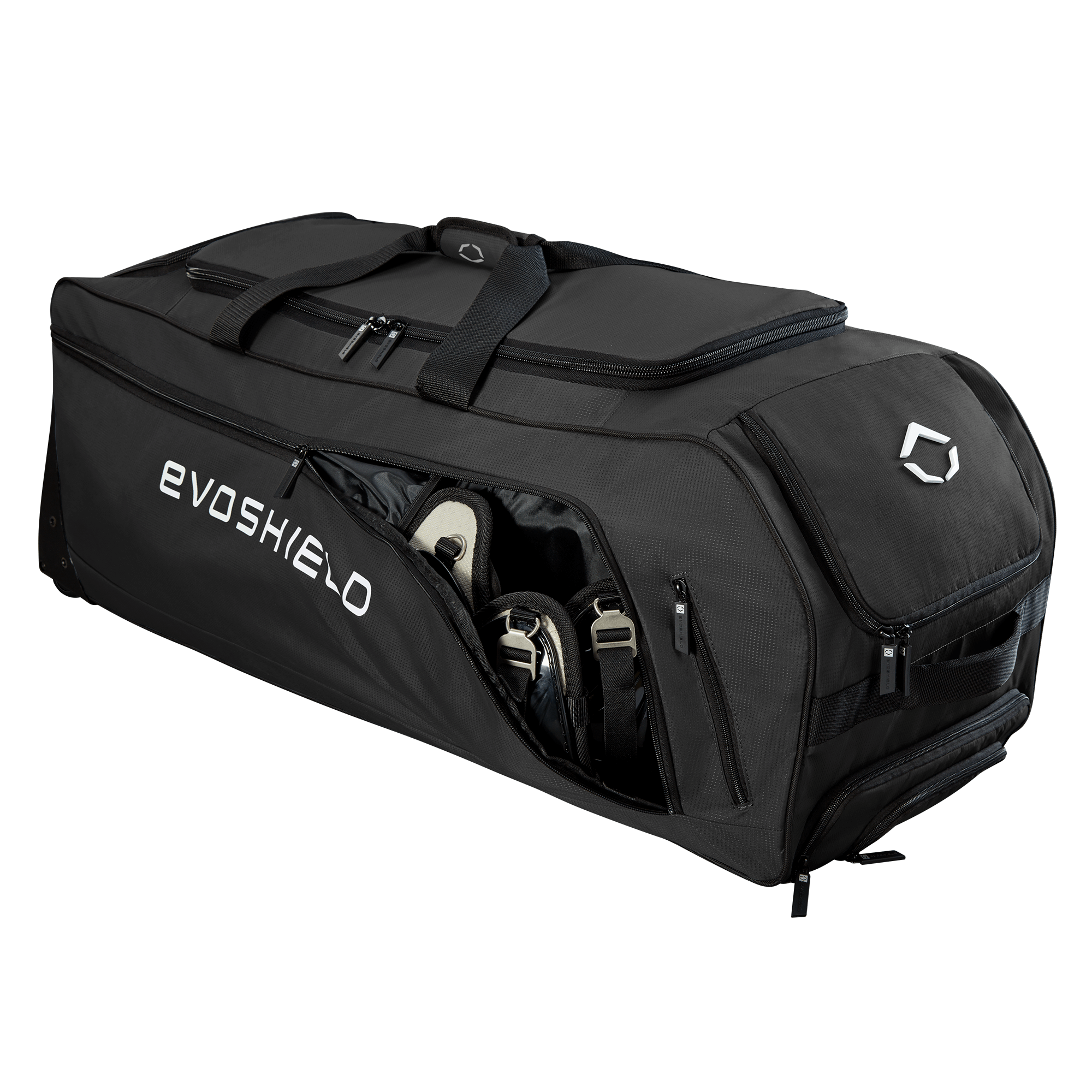 Evoshield Stonewall Wheeled Bag Main compartment fits full catcher's gear and batting helmet.