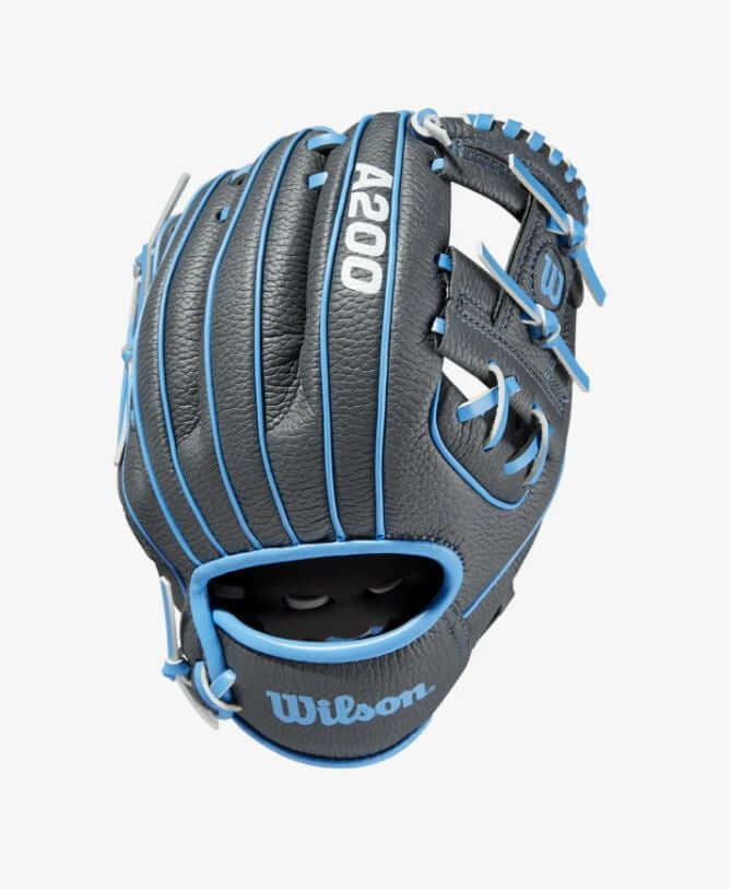Wilson A200 10-inch youth baseball glove in grey and blue