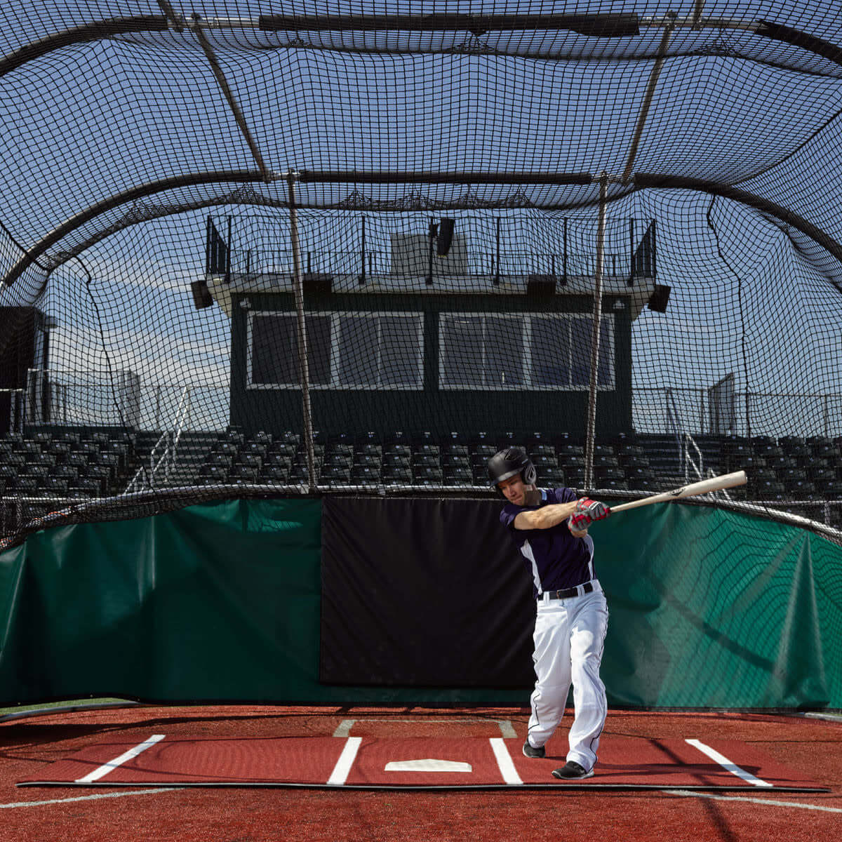 Clay batting mat with white lines and foam backing, 12' x 6', includes throw-down home plate